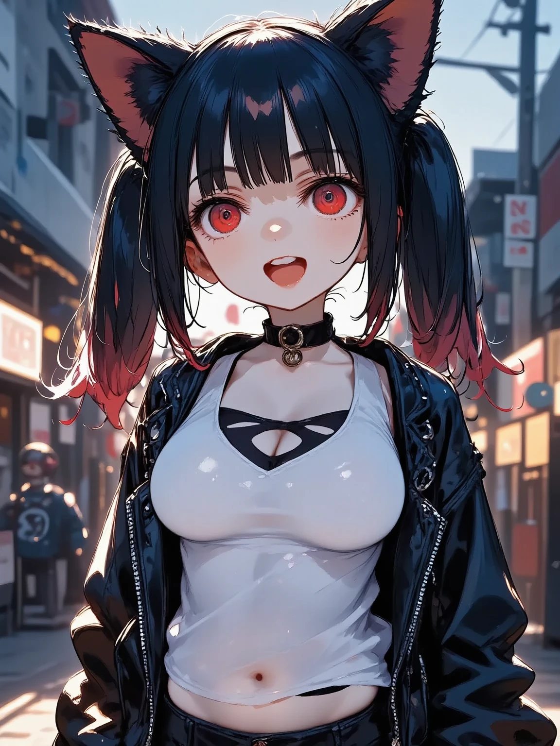 1girl\(cute,kawaii, charming, fascinating, bewitching, evil smile, smirk,evil face, fang, black hair,naughty smile, long hair, twin tails hair, pale skin, white skin, red eyes, eyes shining, big eyes, big breast, perky breast, punk fashion, ripped clothes, white tight tube top, tight hot pants, stomach shown, ripped black short jacket, fluffy black cat-ear, spiral eyes,eyes spiraled, bang, hands in pocket\), background\(outside, noisy city, backstreet, narrow street, neon lights, at midnight\),3d render, portraits, bust-up shot, from above, niji style, slight abdominal muscles,very close up of face,,zoom up girl, great focus, great bokeh,dynamic camera angle,punky costume,bags under eyes,taken by Kodak MC3 camera