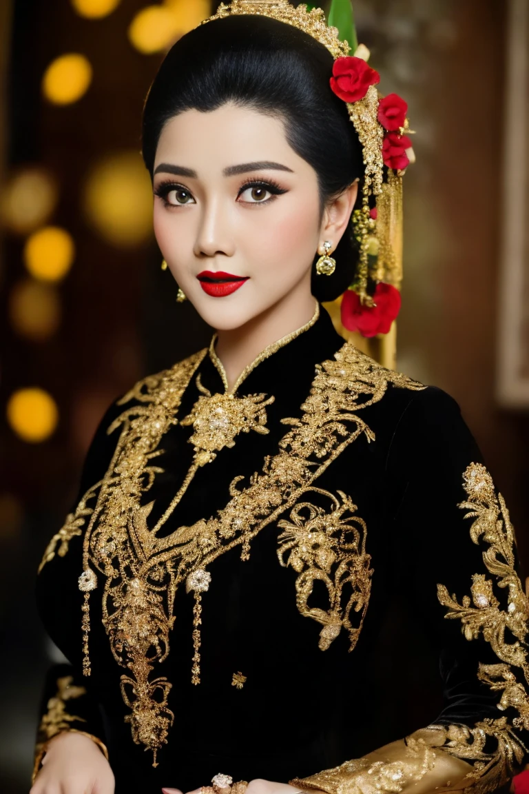 photography, woman,  portrait of java wedding woman in black long kebaya dress traditional, red lipstick, golden necklace, earrings, ornate, detail, flowers, blurry background, soft focus , big breast,