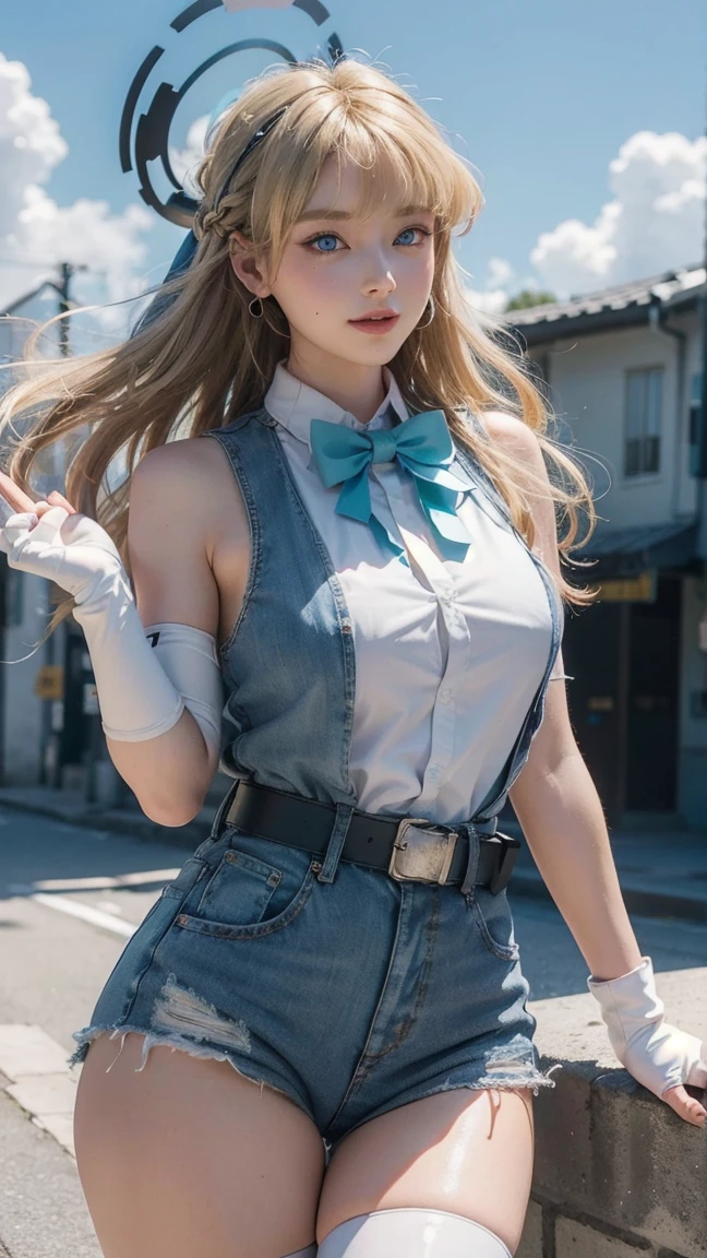 Asuma Toki,(best qualityer,4K,8k,high resolution,work of art:1.2)(weather: cloudy), Mondstadt city background, forest road, white sleeveless blouse, denim vest, tight denim skirt, loop belt, elbow long gloves, bowtie, tight high stockings, high heels, cheek mole, short wavy hair, blonde hair, ultra detailed, realistic,portraite,beautiful detailed blue eyes, glowing eyes,blush,beautiful detailed lips,extremely detailed eye and face, long eyelashes,sexly,average, large breasts,beaming smile, sexy smile,powerful girl, cute pose, stunning curves,bright coloured,dramatic lighting, windy, hair flying,