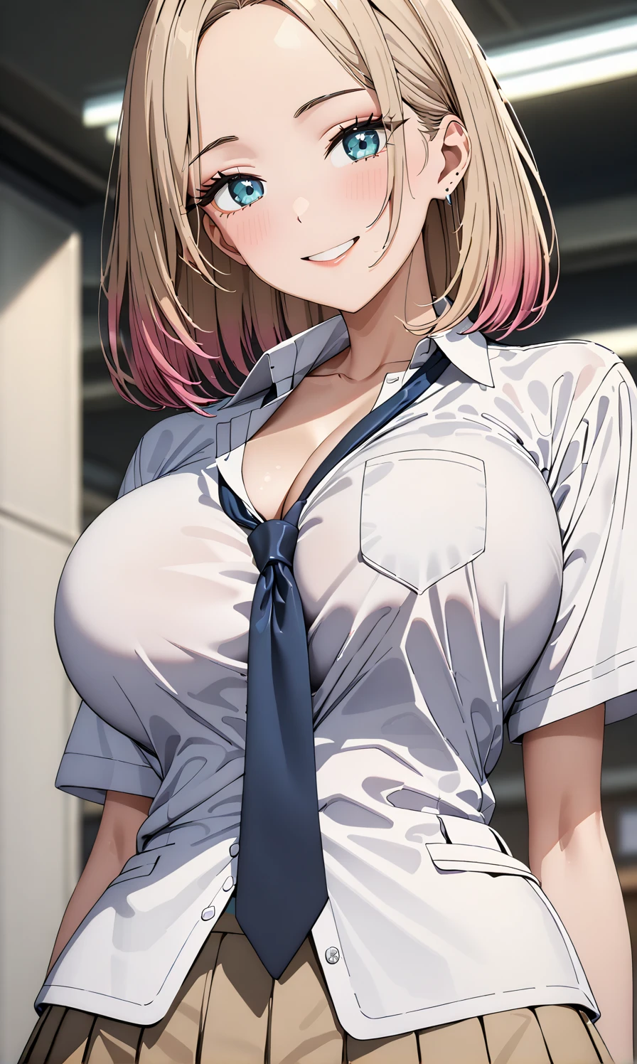 masterpiece, best quality, high quality, detailed, ultra detailed, hyper detailed, exquisite, insanely detailed, beautiful, FHD, Full-HD, 4K, 8k, 16k, highres, absurdres, ((1 woman:1.4, female)), ((big breast)), (thin khaki hair:1.4), (pastel hair), red hair, (short hair:1.2), gradient hair, head tilt, ((bob cut, midium hair:1.2)), ((school uniform, tie)), looking at viewer, ((shoulder-length hair)), (aquamarin eyes, eyes wide open), voluptuous, improve, smile, ((forehead)), cleavage, from below