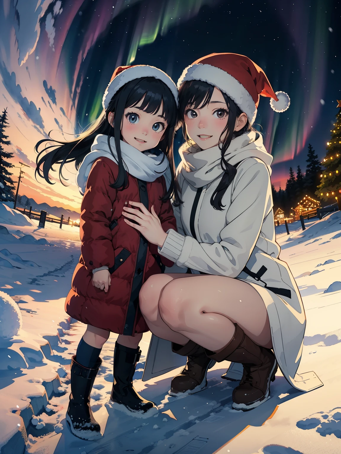   Masterpiece ，  best quality，High image quality，(  super flat ，  flat shading  )，  fisheye lens，  beautiful petite trained young mother and her very adorable  trained daughter:1.25，   warm scarf，Christmas anime style costume  ，(naked)， long hair，   boots，smile, smile，White Breath:1.2，fun, play, winter, snow, 新snow，dusk，  Beautiful Sunsets  ，  Aurora，Wide angle,      bright color , watercolor,  Ghibli style，Strong winds，     girl&#39;Lure，