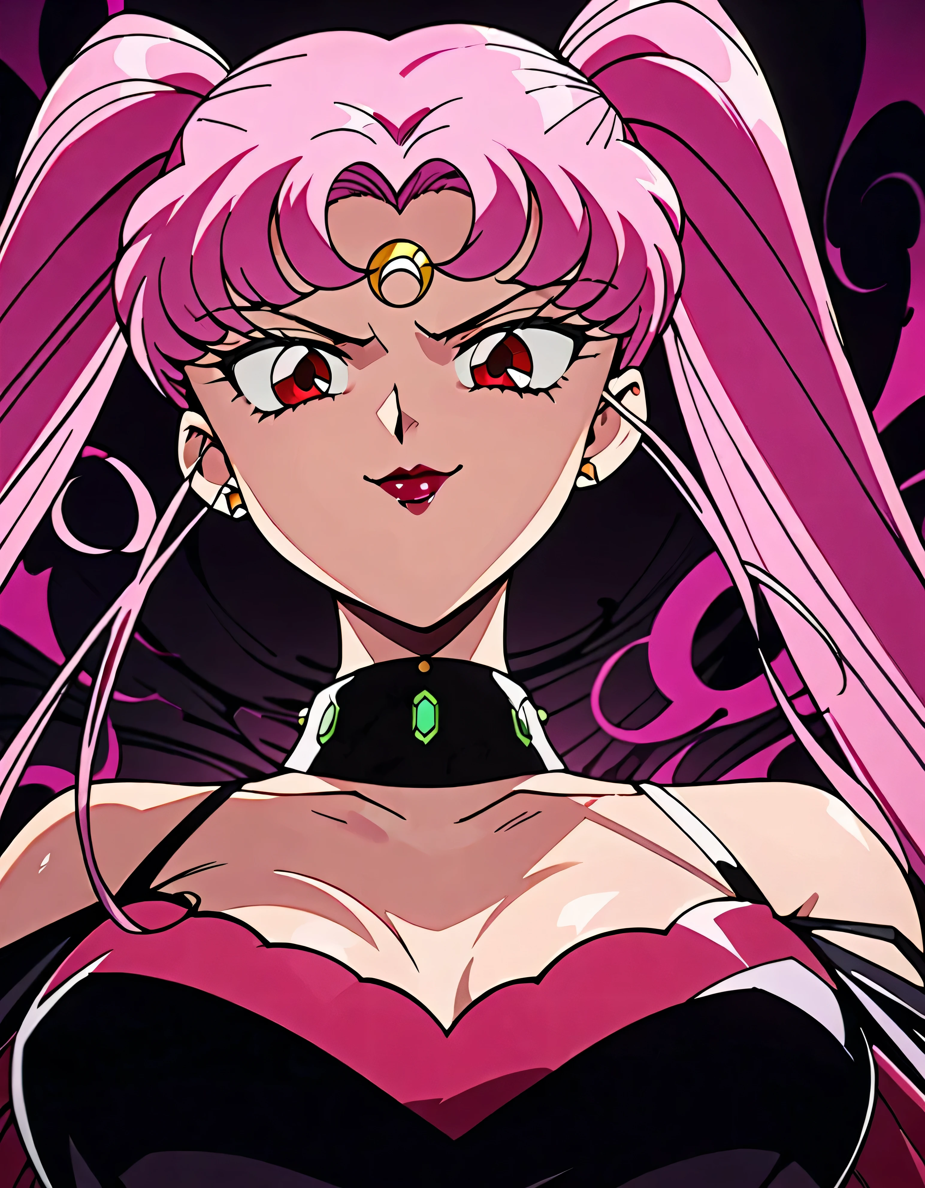  Sailor Moon Wicked Lady, Pink Hair, Red eyes, ,  Black Crescent Moon Mark on Forehead , very evil smirk,beautiful body,shaded face(eyes in evil shadow),((masterpiece,best quality)), absurdes,black dress,upper body,beautiful face,,looking down at viewer,twintail,,Sadistic ridicule,look down,looking down at viewer, ,,from below,close up,Dark Side、Alone.1girl、darkness,wander,cyberpunk,evil and huge black ink swirl background,