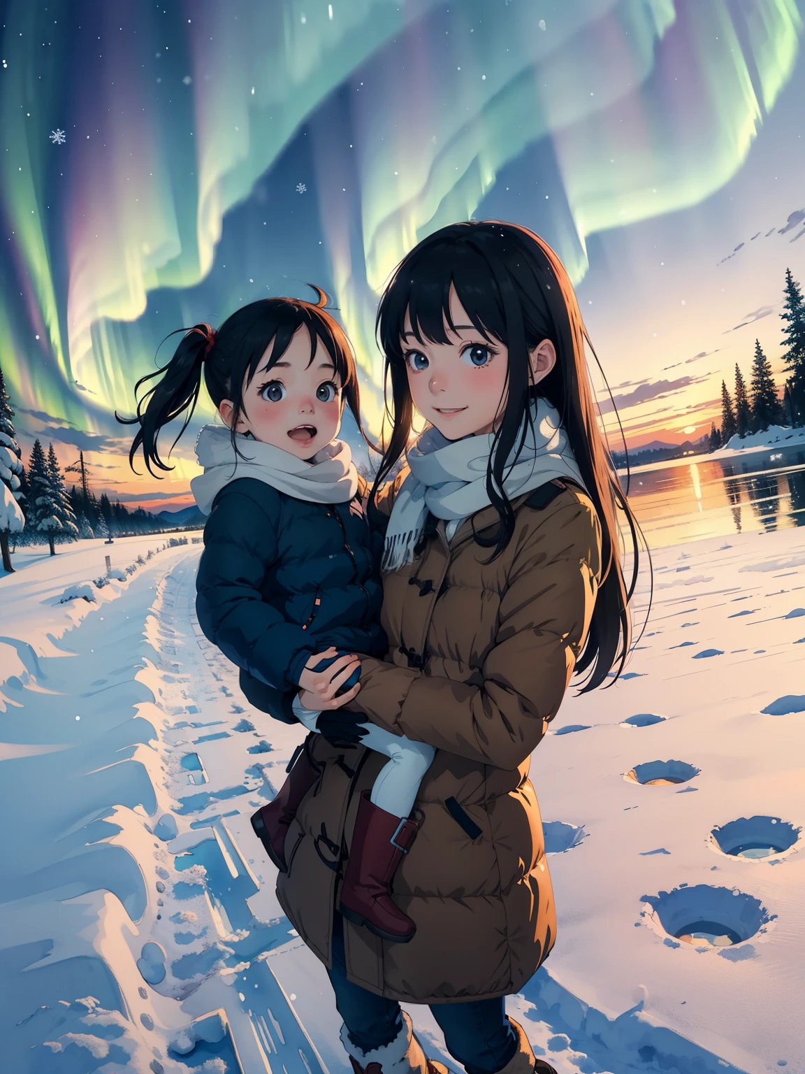   Masterpiece ，  best quality，High image quality，(  super flat ，  flat shading  )，  fisheye lens，  beautiful petite trained young mother and her very adorable  trained daughter:1.25，   warm scarf，Christmas anime style costume  ，(naked)， long hair，   boots，smile, smile，White Breath:1.2，fun, play, winter, snow, 新snow，dusk，  Beautiful Sunsets  ，  Aurora，Wide angle,      bright color , watercolor,  Ghibli style，Strong winds，     girl&#39;Lure，