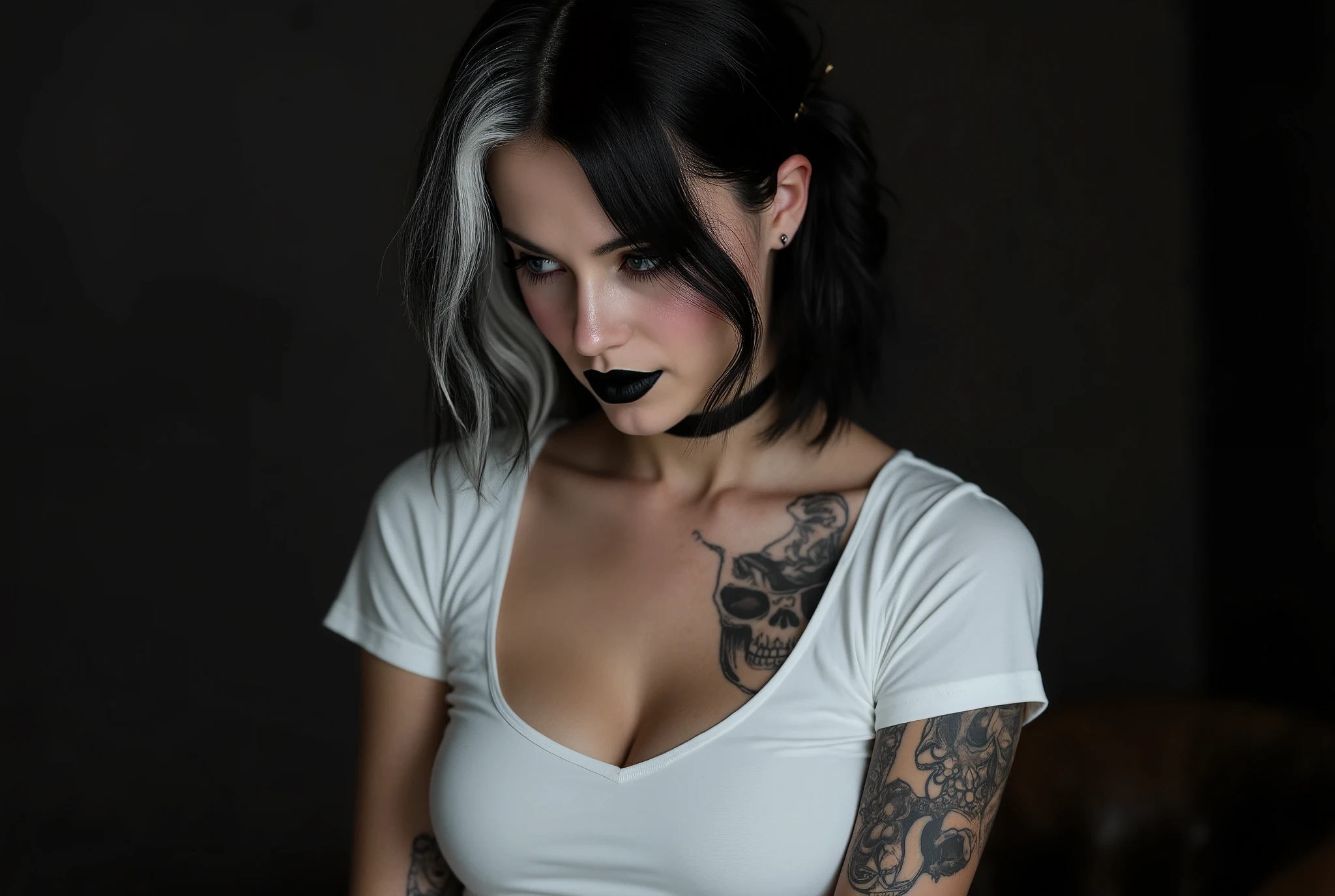bukkakeAI, (((bukkake, facial, cum))), average gothic girl, wild dark punky hair, full body portrait, wearing unbuttoned leather dress, (many tattoos), sunny, outdoors, (realistic skin 1.2), NSFW, lips parted smile, ultra high res, (detailed 1.2), dramatic photography poolrooms