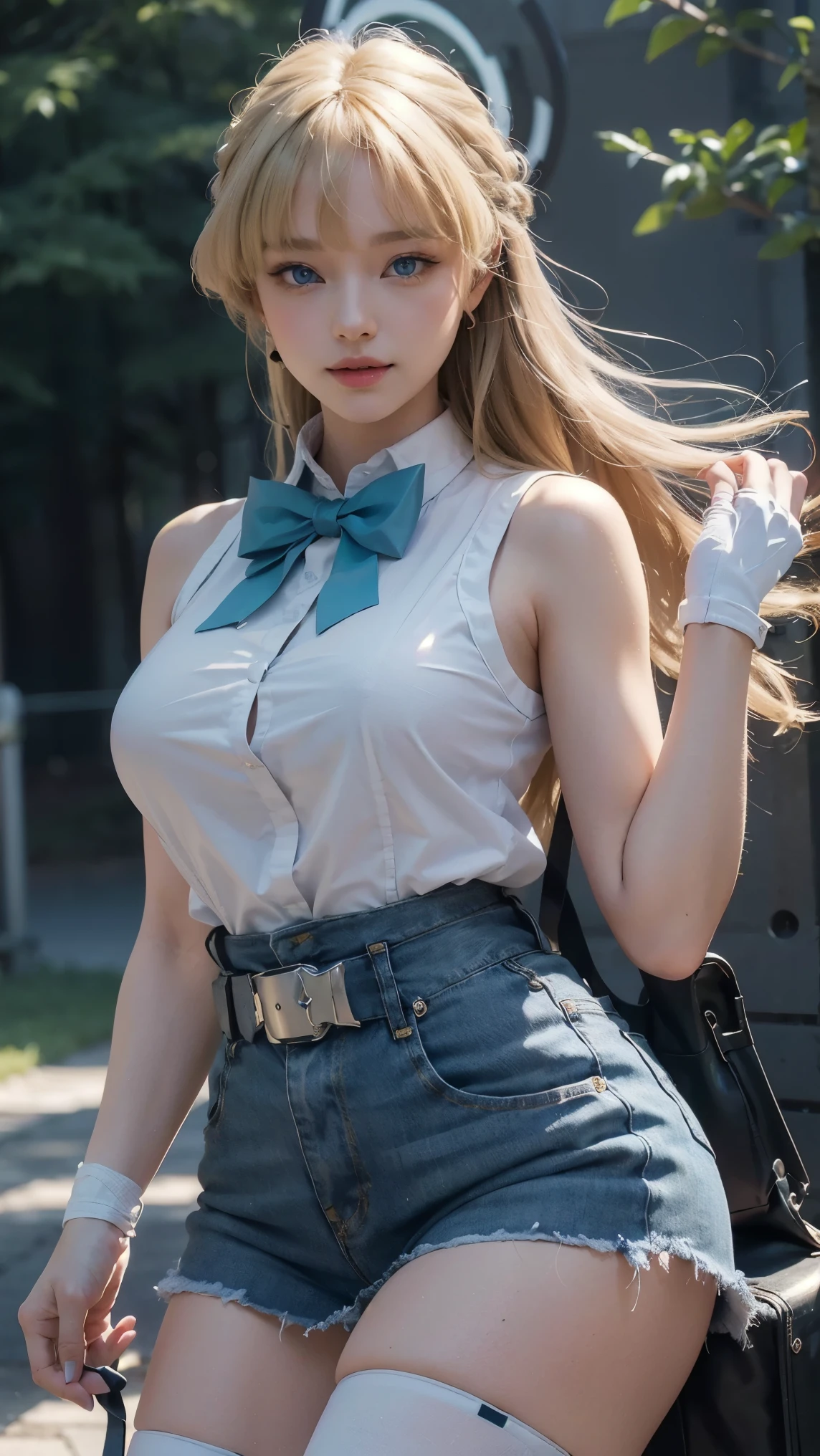 Asuma Toki,(best qualityer,4K,8k,high resolution,work of art:1.2)(weather: cloudy), Mondstadt city background, forest road, white sleeveless blouse, denim vest, tight denim skirt, loop belt, elbow long gloves, bowtie, tight high stockings, high heels, cheek mole, short wavy hair, blonde hair, ultra detailed, realistic,portraite,beautiful detailed blue eyes, glowing eyes,blush,beautiful detailed lips,extremely detailed eye and face, long eyelashes,sexly,average, large breasts,beaming smile, sexy smile,powerful girl, cute pose, stunning curves,bright coloured,dramatic lighting, windy, hair flying,