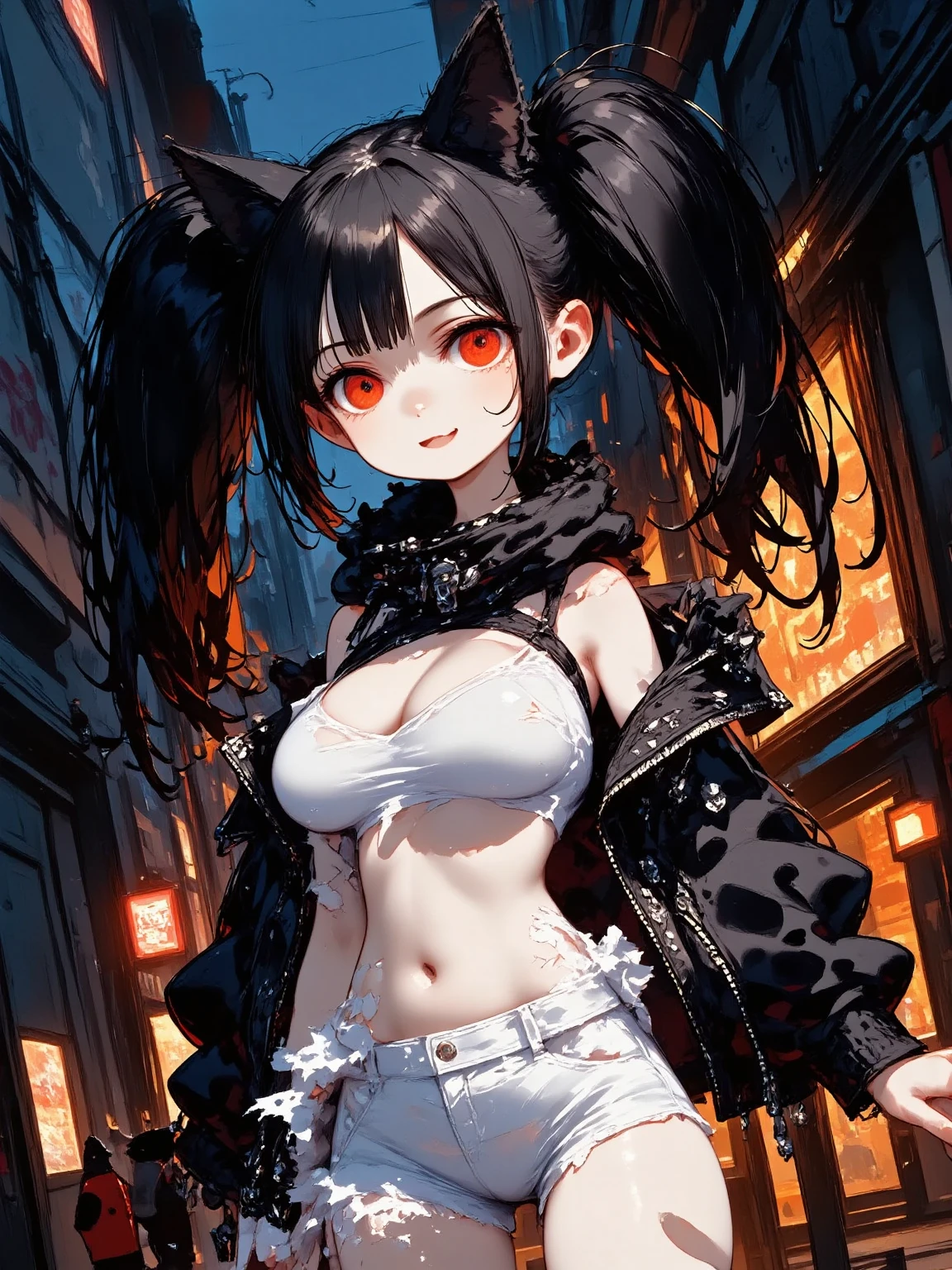 1girl\(cute,kawaii, charming, fascinating, bewitching, evil smile, smirk,evil face, fang, black hair,naughty smile, long hair, twin tails hair, pale skin, white skin, red eyes, eyes shining, big eyes, big breast, perky breast, punk fashion, ripped clothes, white tight tube top, tight hot pants, stomach shown, ripped black short jacket, fluffy black cat-ear, spiral eyes,eyes spiraled, bang, hands in pocket\), background\(outside, noisy city, backstreet, narrow street, neon lights, at midnight\),3d render, portraits, bust-up shot, from above, niji style, slight abdominal muscles,very close up of face,,zoom up girl, great focus, great bokeh,dynamic camera angle,punky costume,bags under eyes,taken by Kodak MC3 camera