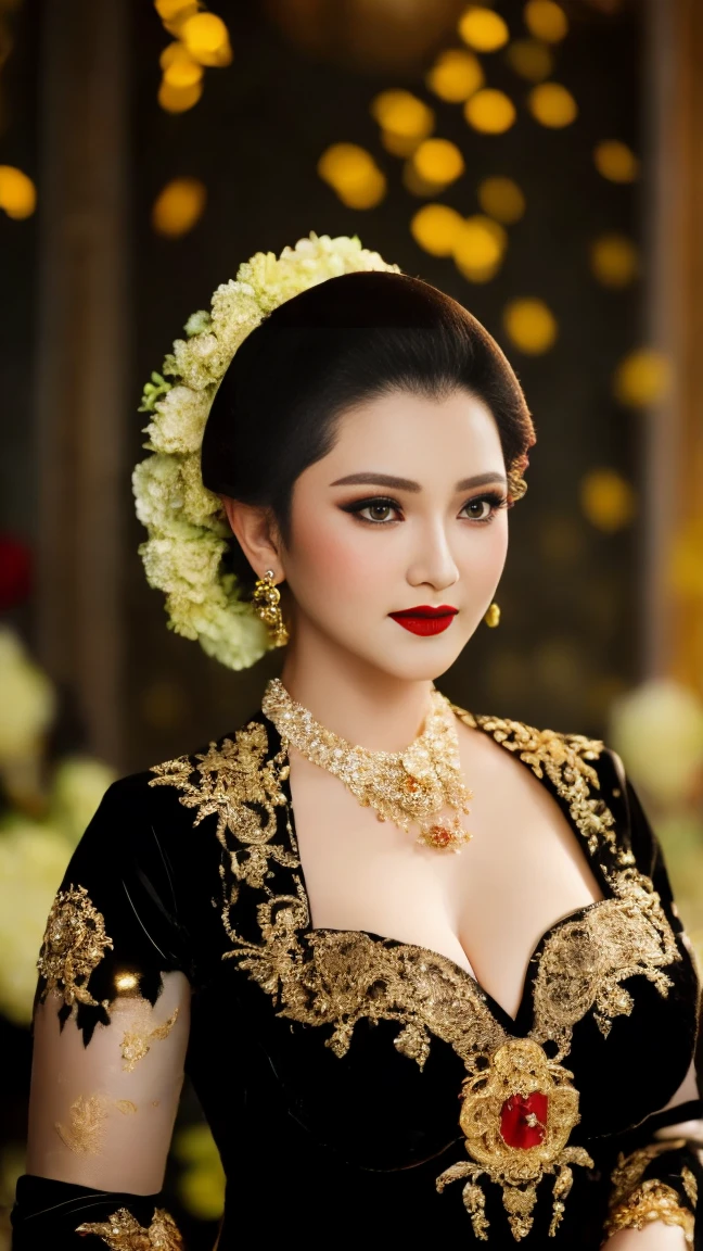 photography, woman,  portrait of java wedding woman in black long kebaya dress traditional, red lipstick, golden necklace, earrings, ornate, detail, flowers, blurry background, soft focus , big breast, half-length body's,