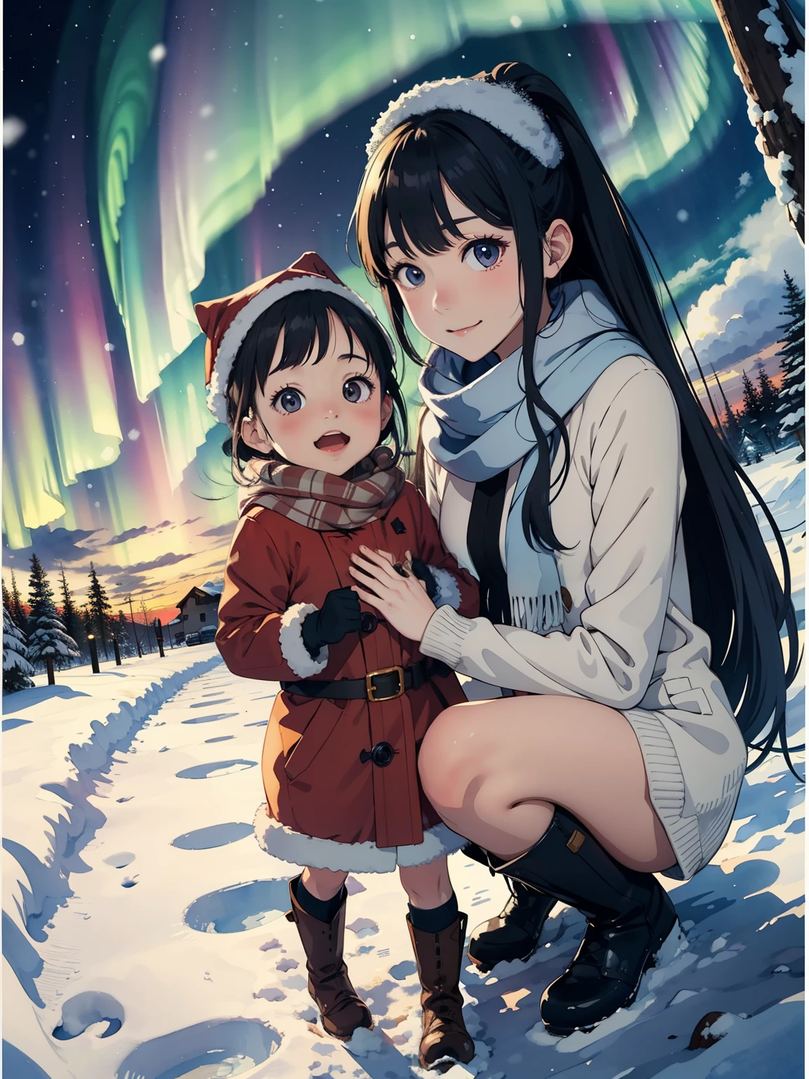   Masterpiece ，  best quality，High image quality，(  super flat ，  flat shading  )，  fisheye lens，  beautiful petite trained young mother and her very adorable  trained daughter:1.25，   warm scarf，Christmas anime style costume  ，(naked)， long hair，   boots，smile, smile，White Breath:1.2，fun, play, winter, snow, 新snow，dusk，  Beautiful Sunsets  ，  Aurora，Wide angle,      bright color , watercolor,  Ghibli style，Strong winds，     girl&#39;Lure，