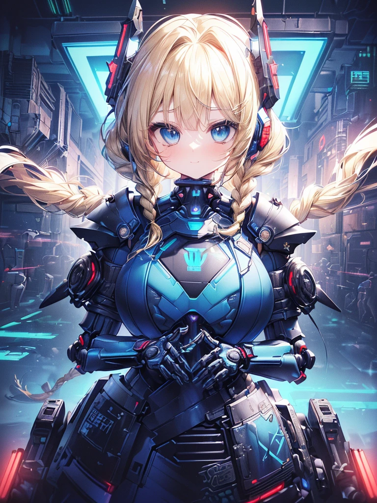 Masterpiece,Best Quality,(Super Detail),Perfect Lighting, Highly detailed CG,Super detailed,(Highly detailed eyes,Very cute face,Highly detailed face:1.3),Beautiful Anime Girl,(Solo Girl),(Super huge :1.6),(Sensual,Glamorous:1.6),(Blonde,Shoulder-length medium hair,Twin braids,Let your hair hang forward:1.5),(Big light blue eyes),(Very happy smile,Open your mouth wide),break,(Cyberpunk Costumes,Heavy mechanical armor covering the body,Mechanical joints,Blue reactor in center of chest,headgear,Waist-mounted thrusters:1.5),Huge firearms,Holding a weapon in your hands,Cyberpunk Background,Cyberpunk cityscape,skyscraper,Neon Light,Are standing,Dynamic Pose,Dynamic Angle,Cowboy Shot