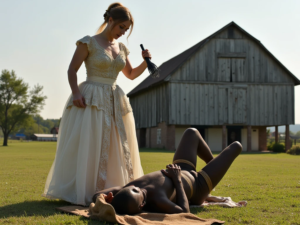 year 1886, a white noble woman dressed in a elegant dress is whipping a tied naked black male slave with a black  leather rod outside a barn