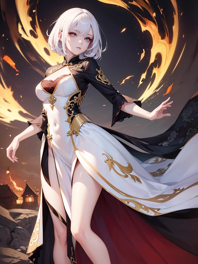 realistic, perfect eyes:1.2, detailed eyes:1.4, holding staff, wizard staff, smile, short_hair, twin_braids, earrings, phoenix dress, fire, short ress, flames, jewelry, bracelet, clothing cutout, light purple hair, ass, pointy ears, elf ears, from behind , witch hat, cleavage, 1girl, solo, (masterpiece:1.6, best quality),