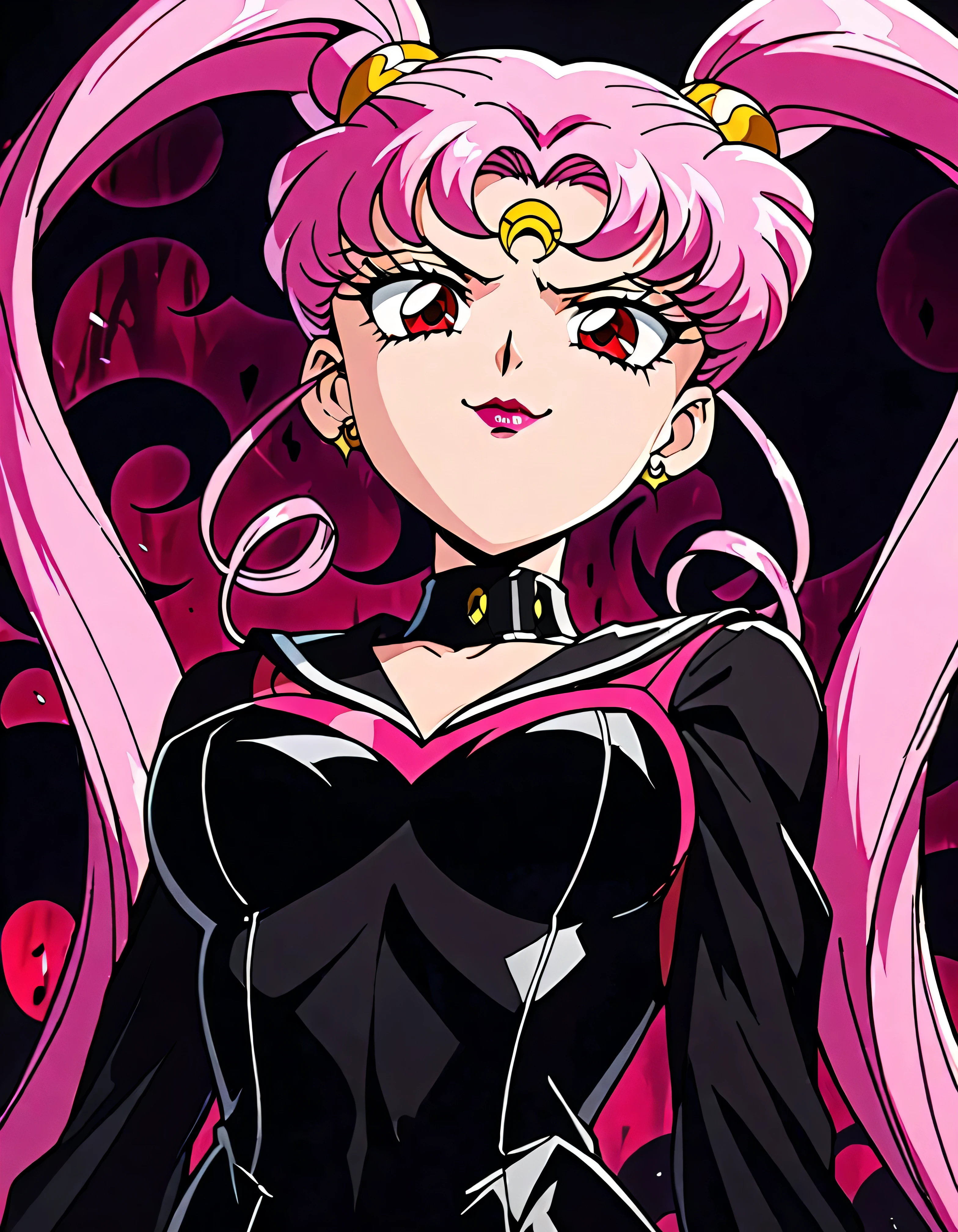  Sailor Moon Wicked Lady, Pink Hair, Red eyes, ,  Black Crescent Moon Mark on Forehead , very evil smirk,beautiful body,shaded face(eyes in evil shadow),((masterpiece,best quality)), absurdes,black dress,upper body,beautiful face,,looking down at viewer,twintail,,Sadistic ridicule,look down,looking down at viewer, ,,from below,close up,Dark Side、Alone.1girl、darkness,wander,cyberpunk,evil and huge black ink swirl background,