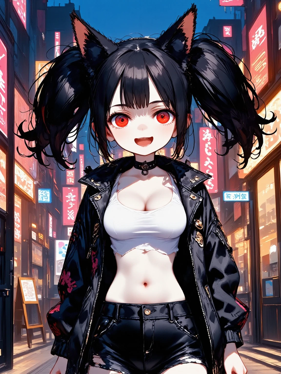 1girl\(cute,kawaii, charming, fascinating, bewitching, evil smile, smirk,evil face, fang, black hair,naughty smile, long hair, twin tails hair, pale skin, white skin, red eyes, eyes shining, big eyes, big breast, perky breast, punk fashion, ripped clothes, white tight tube top, tight hot pants, stomach shown, ripped black short jacket, fluffy black cat-ear, spiral eyes,eyes spiraled, bang, hands in pocket\), background\(outside, noisy city, backstreet, narrow street, neon lights, at midnight\),3d render, portraits, bust-up shot, from above, niji style, slight abdominal muscles,very close up of face,,zoom up girl, great focus, great bokeh,dynamic camera angle,punky costume,bags under eyes,taken by Kodak MC3 camera,beautiful hand