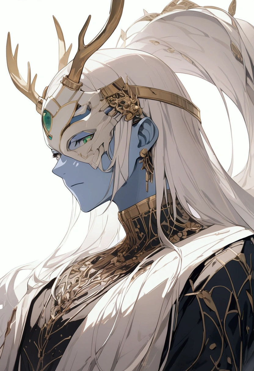 1man looking robotic with golden antlers, green eyes and white hair, gray mask and blue skin man