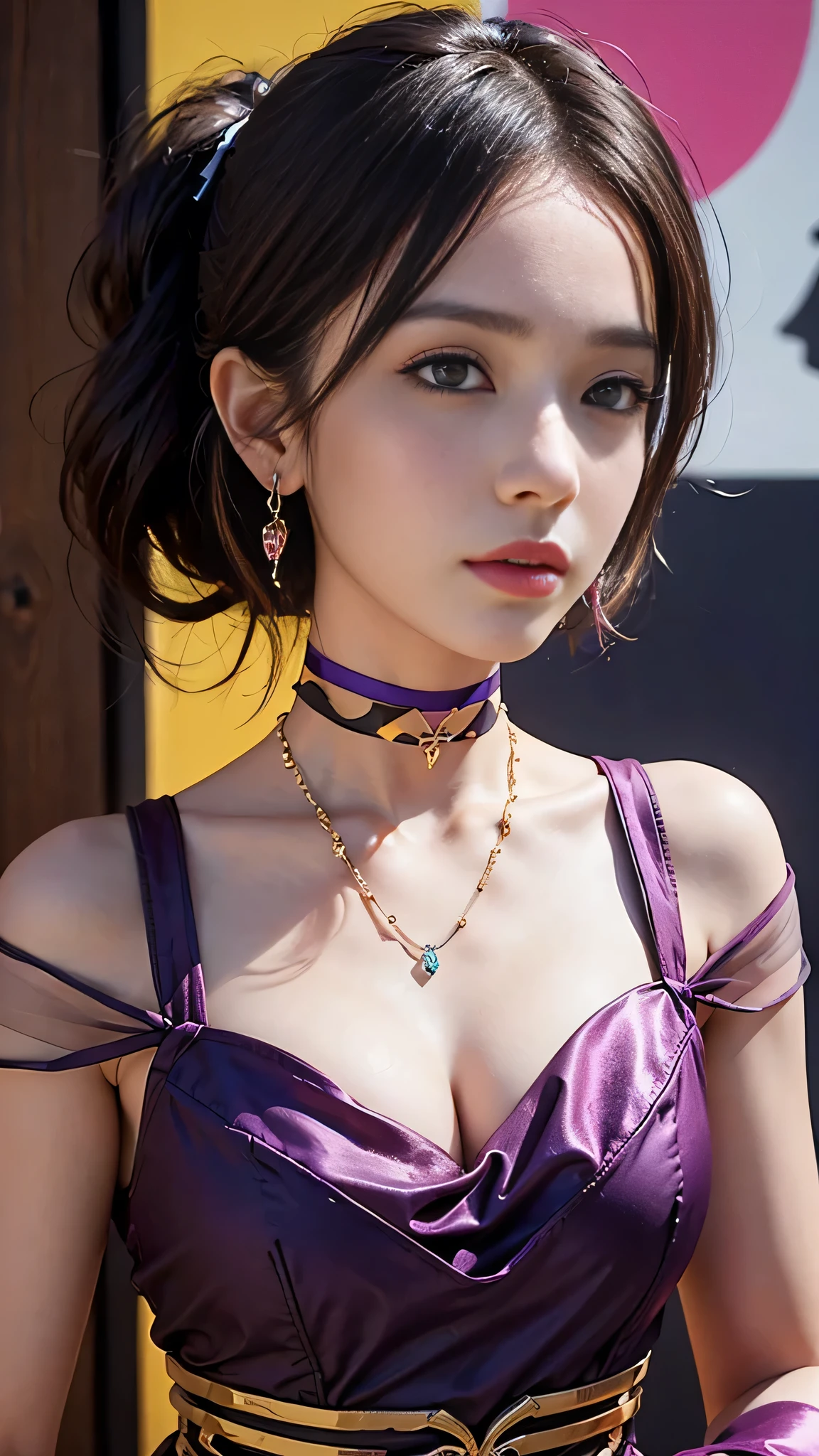 Old woman, curved, black woman, violet eyes, friendly, purple turban, purple necklaces, purple bracelets, purple dress, beautiful, In her hands she holds a staff adorned with shells and ancient symbols, over land and water. Surrounding it are vibrantly colored flowers and aquatic plants that grow abundantly.