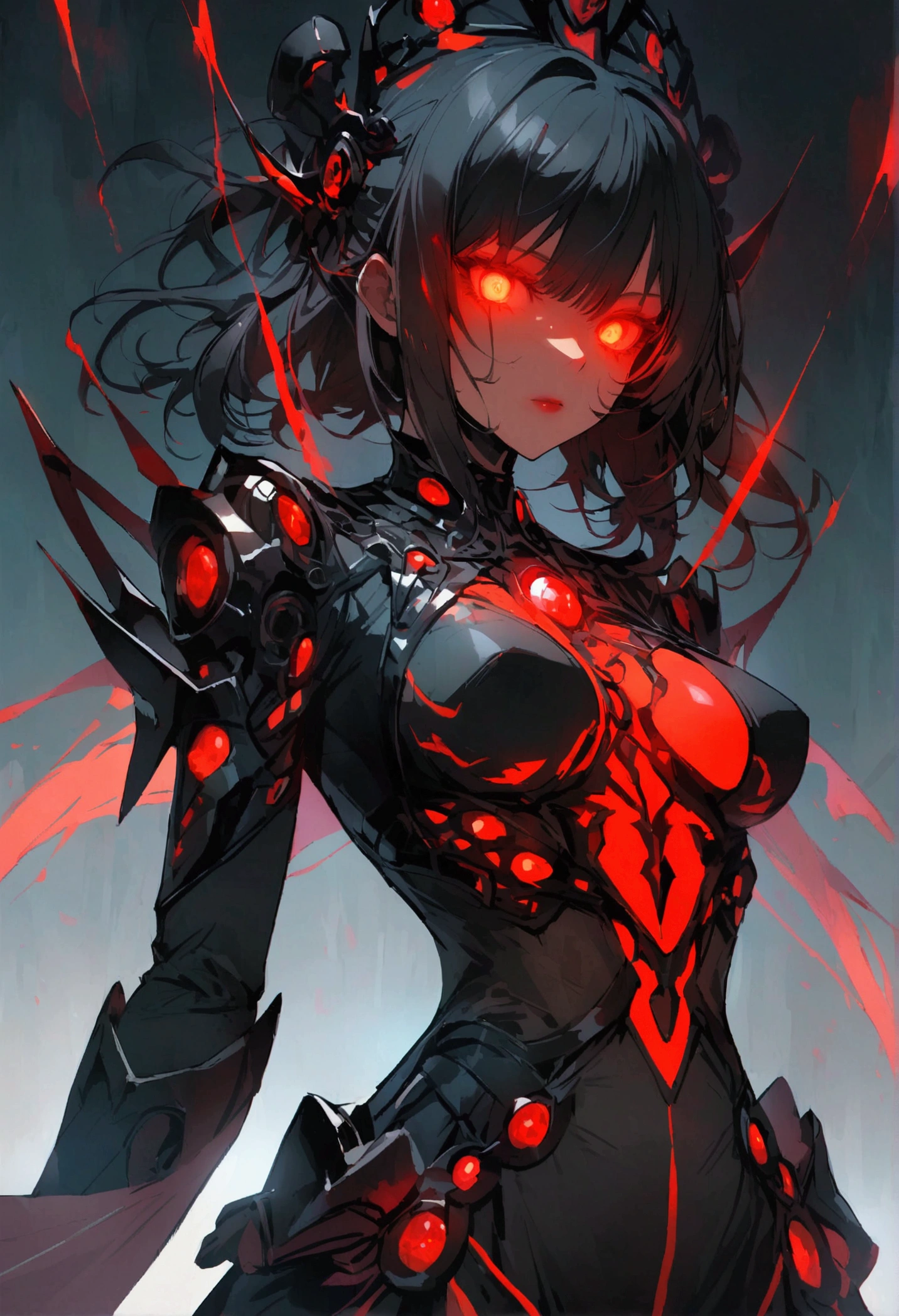 1 Japanese girl, exo-skeleton, intricate pattern, heavy metal, energy lines, with no face, glare eyes, chic, concentrated, blood red and black uniform, standing alone, moderno, citys, streets, dark clouds, thunderstorm, chuva pesada,, dramatic lighting,, (work of art:1.2), best qualityer, high resolution, Beautiful detailed, extremely detaild, perfect lighting,