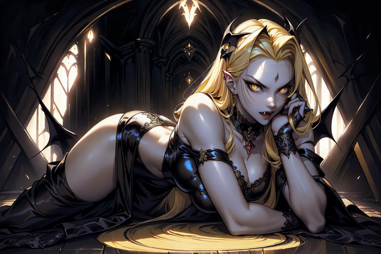 absurdres, ((stunning female Vampire))), goth Renaissance, (long blonde hair:1.erfect and detailed angular sharp oval shaped face, angry face, ((yellow eyes)), jewelry, red and black tetradic colors, full lips, gothic castle background, (solo), perfect anatomy, approaching perfection, ethereal, intricate details, ultra-high definition, 12k resolution, goth aesthetic, smooth, sharp focus, dreamy, glowing, backlit, glamour, glimmer, fantastical, shadows, smooth, Gothic crown, crawling on the floor