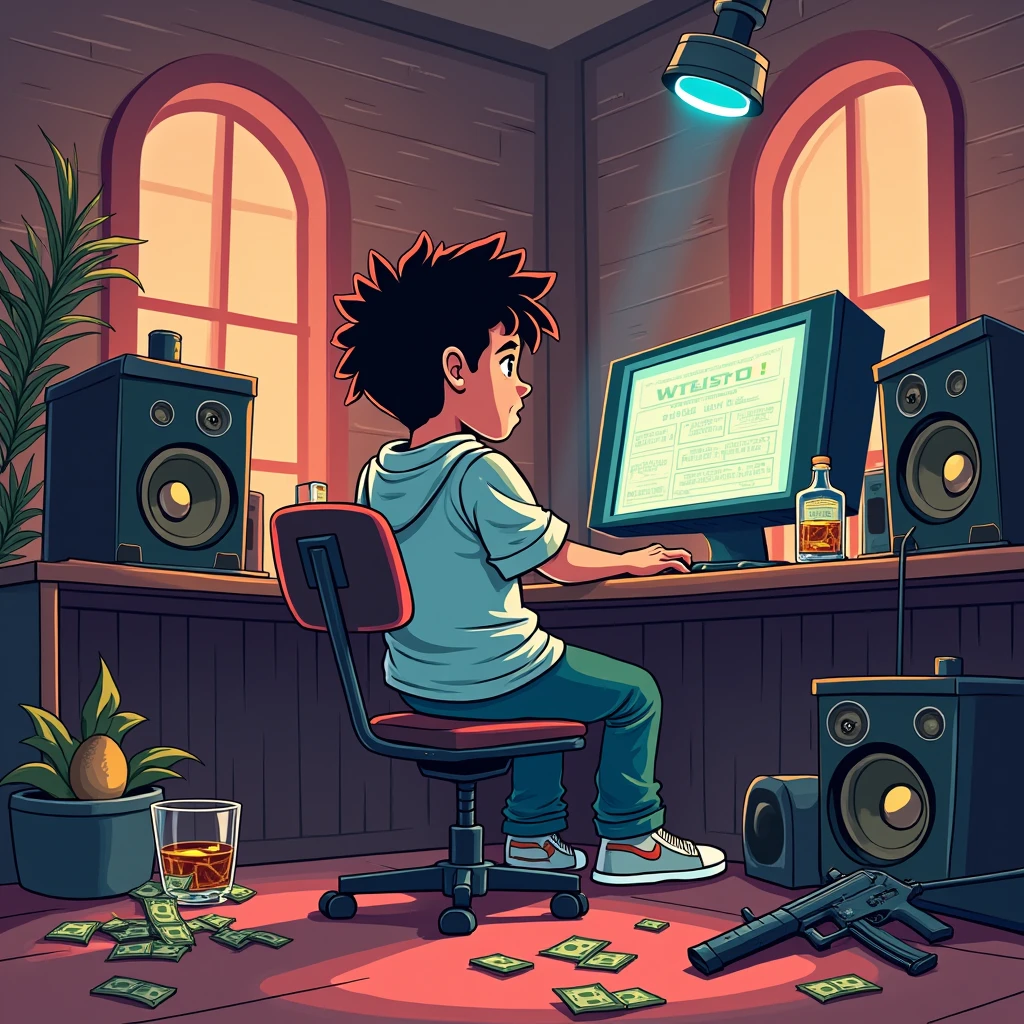 cartoon, album cover, high quality, boy smoking marijuana sitting alone in a home studio basic clothing, black kangaroo jacket, black jean, nike air max 97