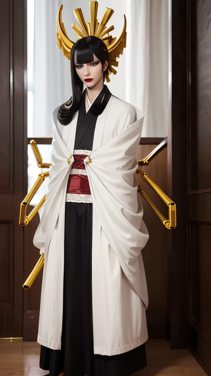 senjumarushutara, senjumaru shutara, long hair, bangs, blunt bangs, black hair, sidelocks, (black eyes:1.5), makeup, lipstick, red lipstick, BREAK japanese clothes, kimono, mechanical arms, extra arms, BREAK looking at viewer, upper body, (full body:1.2), BREAK outdoors, sky, sun, BREAK (masterpiece:1.2), best quality, high resolution, unity 8k wallpaper, (illustration:0.8), (beautiful detailed eyes:1.6), extremely detailed face, perfect lighting, extremely detailed CG, (perfect hands, perfect anatomy),