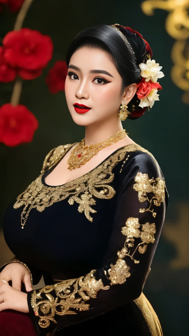 photography, woman,  portrait of java wedding woman in black long kebaya dress traditional, red lipstick, golden necklace, earrings, ornate, detail, flowers, blurry background, soft focus , big breast, 2/3 body's, slightly side standing pose, wide view 