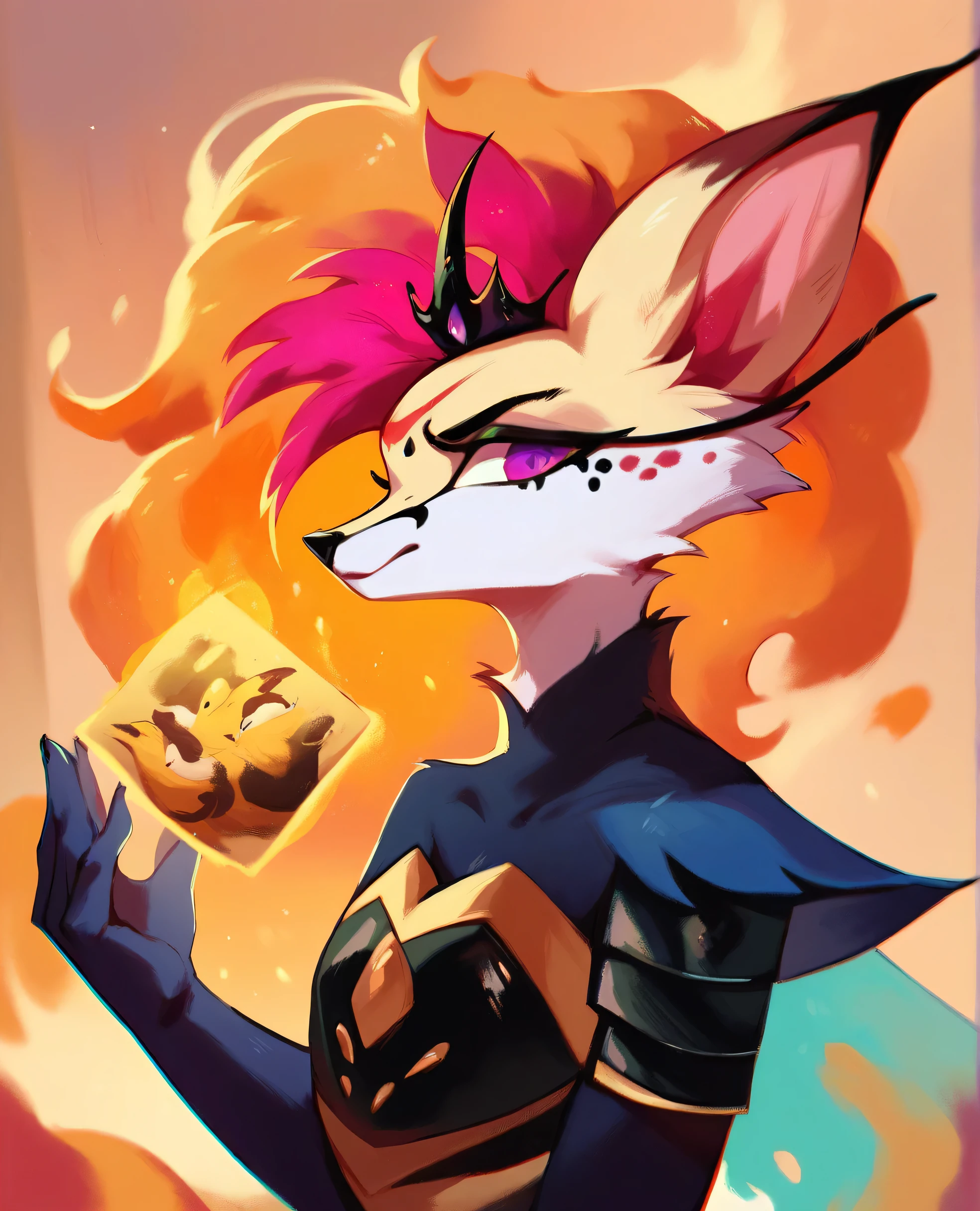 1 girl, Portrait, looking at viewer, fantasy, furry, anthro, fox, magic mane, Queen Bee, painting, black armored clothes, red-violet eyes, yellow long fantasy hair