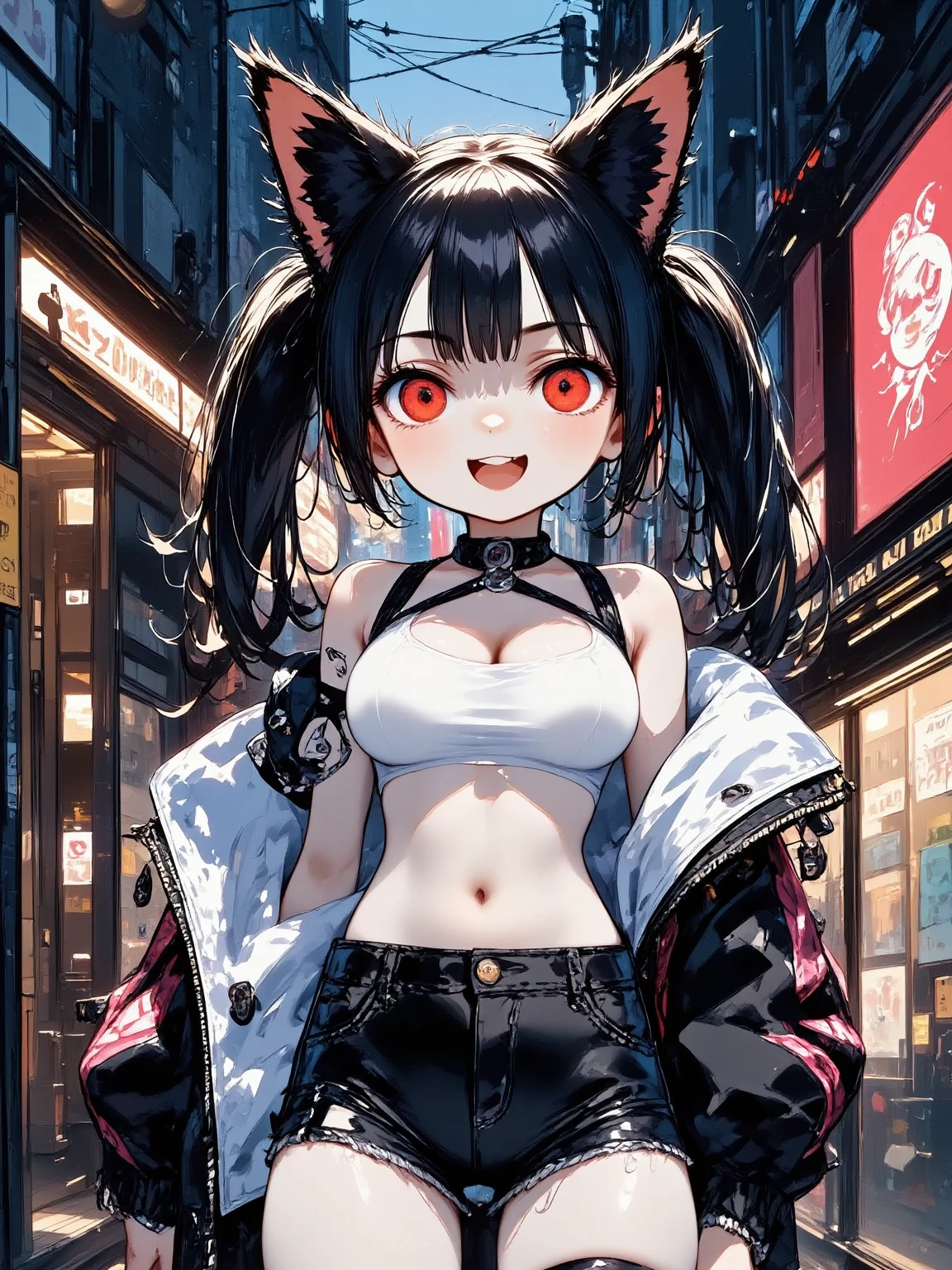 1girl\(cute,kawaii, charming, fascinating, bewitching, evil smile, smirk,evil face, fang, black hair,naughty smile, long hair, twin tails hair, pale skin, white skin, red eyes, eyes shining, big eyes, big breast, perky breast, punk fashion, ripped clothes, white tight tube top, tight hot pants, stomach shown, ripped black short jacket, fluffy black cat-ear, spiral eyes,eyes spiraled, bang, hands in pocket\), background\(outside, noisy city, backstreet, narrow street, neon lights, at midnight\),3d render, portraits, bust-up shot, from above, niji style, slight abdominal muscles,very close up of face,,zoom up girl, great focus, great bokeh,dynamic camera angle,punky costume,bags under eyes,taken by Kodak MC3 camera,anatomically correct hand