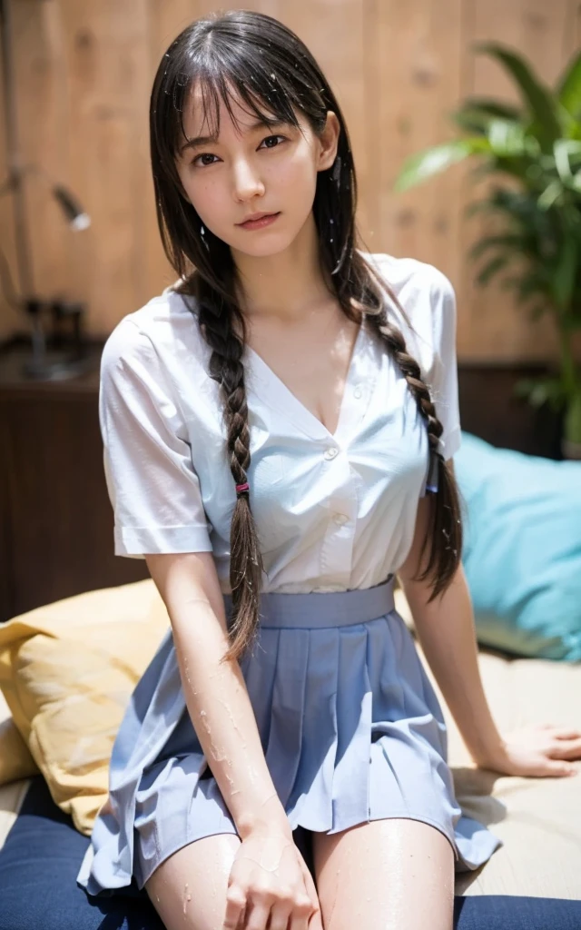 (pureerosface_v1:0.66), Best Quality, Ultra High Resolution, (Photorealistic: 1.4), 1 girl, Fine eyes, Dark Eye Makeup, Slim waist, blush, K-pop idol, (charm: 1.0), Fine eye makeup, Puffy eyes, Solo, Perfect Anatomy, (Big), (cleavage), (slender), (Black hair: 1), (Look at the viewer), Sitting, crossed legs, Chair, (Original_Alice), (Light blue tie), (marine blue eyes),(zhuo),(Alice_Halo:0.7),(Blue halo),(Smile),(Happiness),(Pigtails),(Long hair),(long bangle archive),(Black Hair Band),(Long coat),(School uniform),(White long-sleeved shirt),( Pleated skirt),(Navy blue skirt),(Bare legged),NSFW,depth of fields,Facial details,skin gloss,Beautiful eyes,Dark Eye Makeup、Slim waist,Cheeks,Fine eye makeup,Solo,Perfect Anatomy,