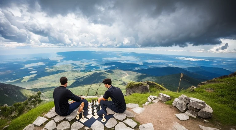 two bros playing chess on a mountain, during a thunderstom, on top of a volcano.