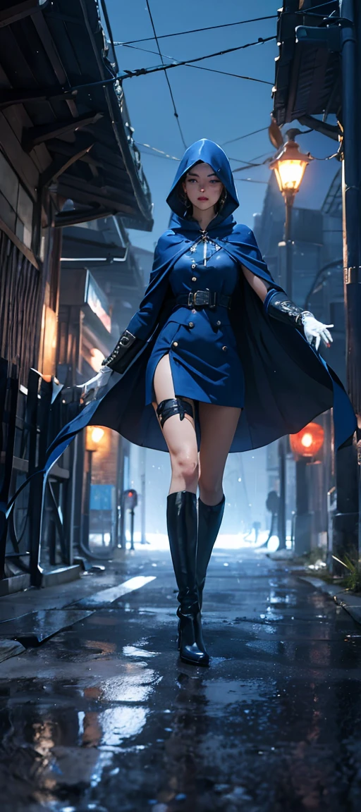 realistic close-up portrait, South korea asssassin walk women mystery hooded on with modern royal Blue coat with long and wide sleeves with buttons and royal Blue cape and very high white heel over the knee and white gloves, As she reveals a small secret hidden blade coming from his palm , adding to the characters mysterious, with small movements of air on the cape, in summer at night under the rain, with buildings featuring curved eaves and detailed architecture. sophisticated and highly detailed, ultra hd, realistic, hyper detailed, enhanced colours, ultra sharp focus, with vibrant, rich in details High quality, gorgeous, captivating, 8k, super detailed, stunning shadows, detailed lines, blood stain on coat and gloves, s in the street recently murdered, realistic skin texture,
