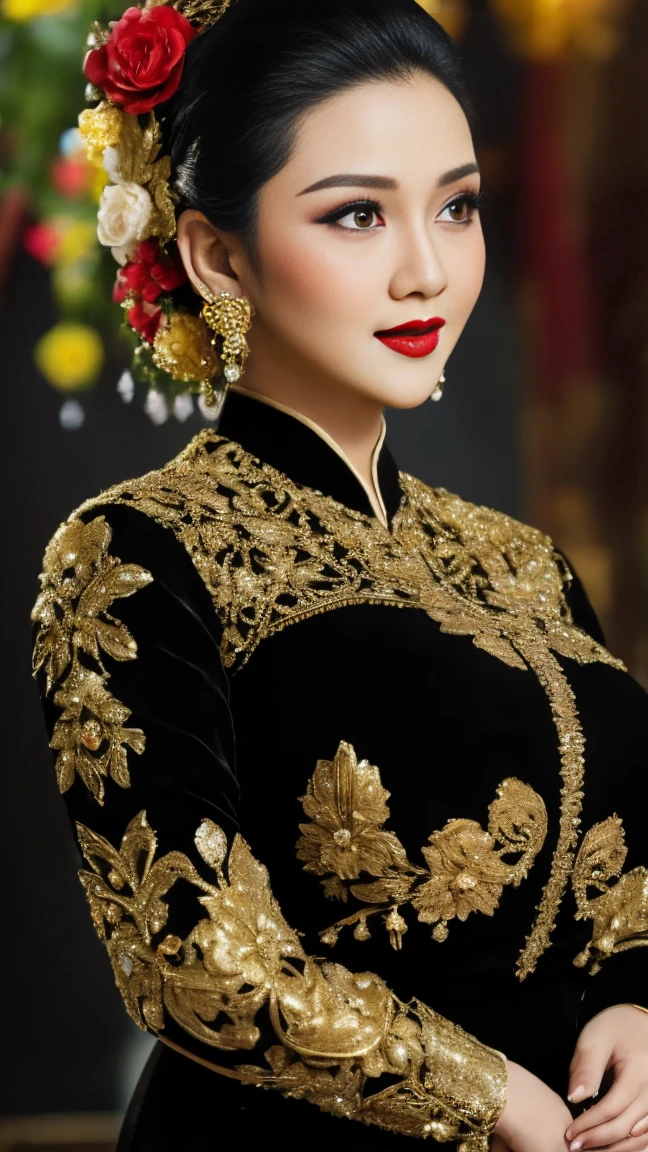 photography, woman,  portrait of java wedding woman in black long kebaya dress traditional, red lipstick, golden necklace, earrings, ornate, detail, flowers, blurry background, soft focus , big breast, 2/3 body's, slightly side standing pose, wide view 