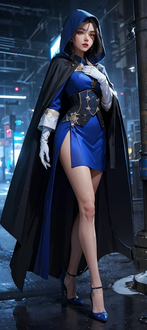 realistic close-up portrait, South korea asssassin walk women mystery hooded on with modern royal Blue coat with long and wide sleeves with buttons and royal Blue cape and very high white heel over the knee and white gloves, As she reveals a small secret hidden blade coming from his palm , adding to the characters mysterious, with small movements of air on the cape, in summer at night under the rain, with buildings featuring curved eaves and detailed architecture. sophisticated and highly detailed, ultra hd, realistic, hyper detailed, enhanced colours, ultra sharp focus, with vibrant, rich in details High quality, gorgeous, captivating, 8k, super detailed, stunning shadows, detailed lines, blood stain on coat and gloves, s in the street recently murdered, realistic skin texture,
