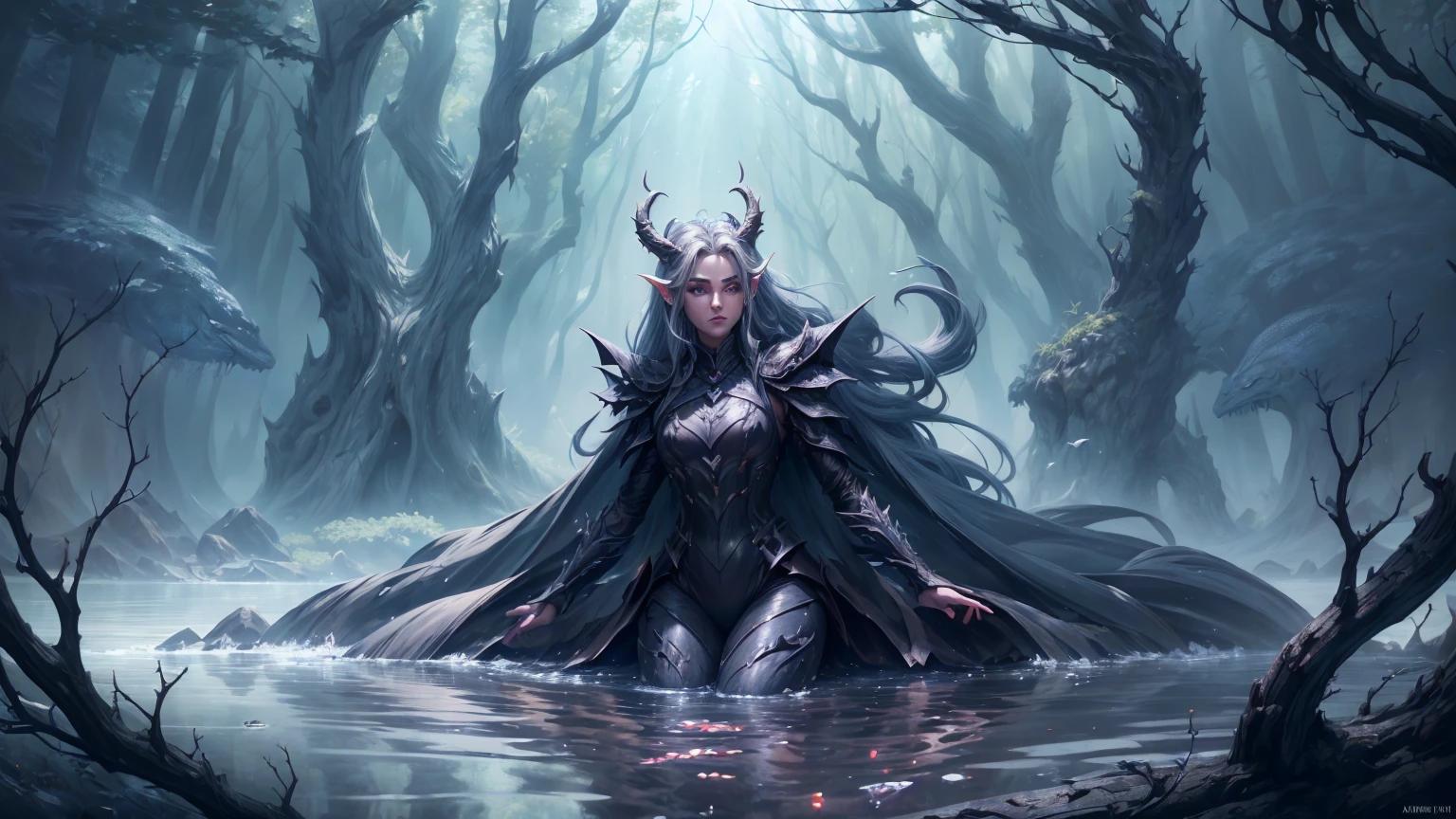 a cursed witch in a swamp,[orange | red] eyes, (fantasy illustration:1.3), eldritch horror, tentacles, enchanting gaze, captivating pose,  otherworldly charm, mystical sky, (Luis Royo:1.2), (Yoshitaka Amano:1.1), moonlit night, soft colors,  (high-resolution:1.2) , (illustration:1.1), (perfect details:1.1), interior, background, abstract, hard lighting, rim lighting,  (8k) (best quality:1.4), (masterpiece:1.3), ultra-detailed  <lora:add_detail:1>   <lora:Reel_WHorror_1_2_9_ReWo_n:1>