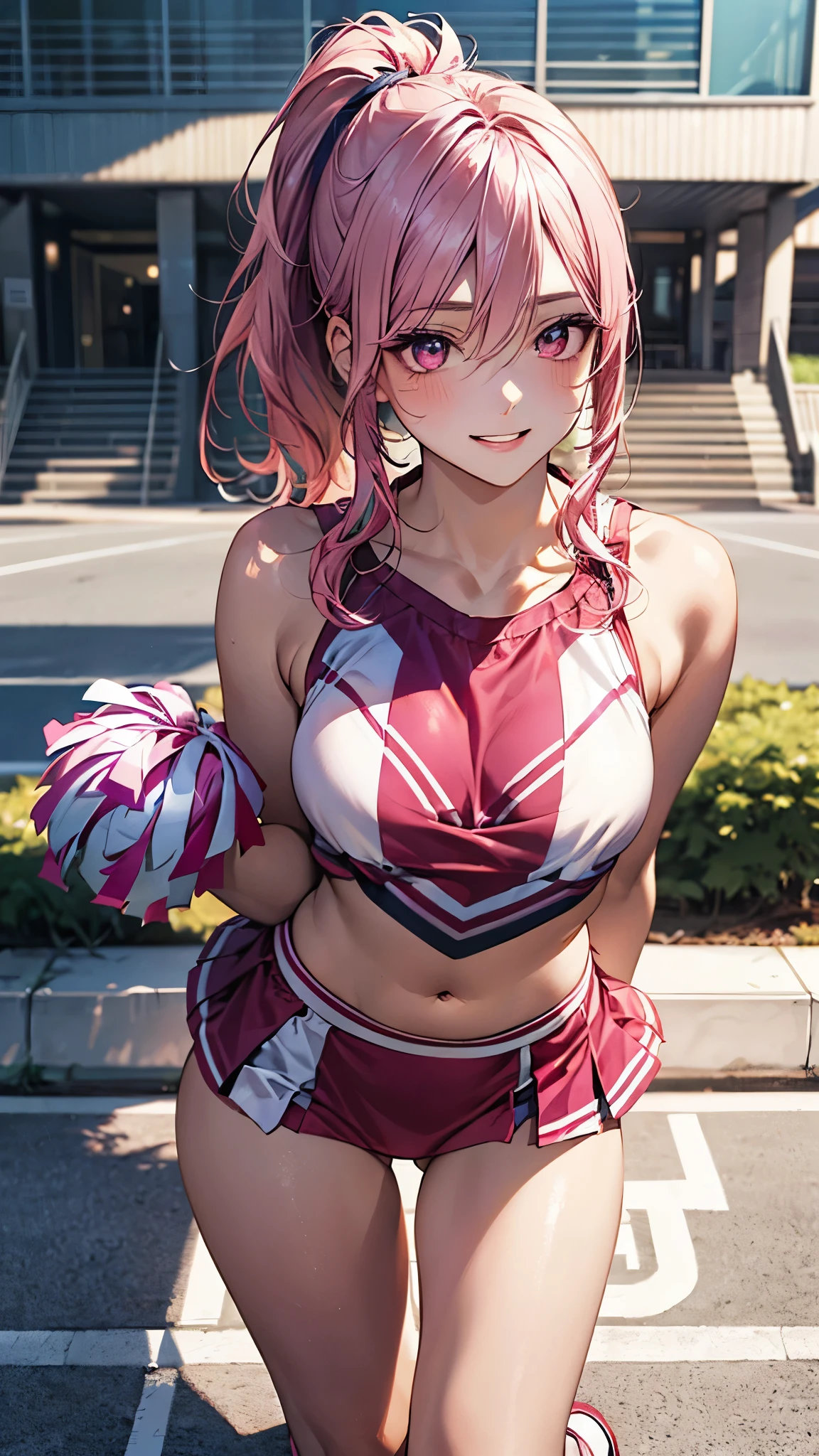 (Masterpiece, BestQuality:1.3), (ultra detailed:1.2), (hyperrealistic:1.3), (RAW photo:1.2), High detail RAW color photo, professional photograph, (Photorealistic:1.4), (realistic:1.4), professional lighting, perfect anatomy, (Big Breasts:1.2), (blush, detailed face), (cheerful Smile:1.5), (Pink Hair:1.5), Trending Hair&Trending Hairカラーをランダムに, earrings, necklace, bracelet, sexly, erotic sexly, Random sexy gravure poses, (A beautiful woman in a sexy cheerleader costume、Holding pom-poms on the ground、Capture the moment when you lift your leg high and jump。The short skirt and bra top are attractive。: 1.3)