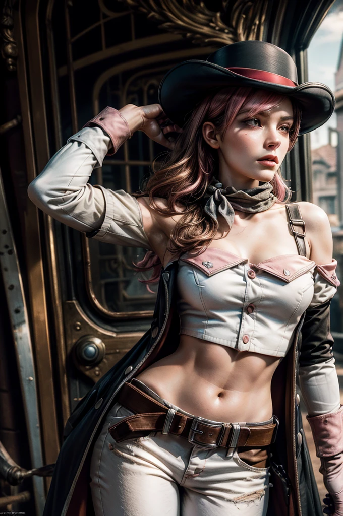 pink and brown hair, multicolored hair, neopolitanatlas, bowler hat, grey scarf, white gloves, white shirt, off-shoulder shirt, black sleeves, midriff, white belt, white pants, post apocalyptic scene, inside old train station, debris, bonfire, standing near soldiers, crowd, cowboy shot, masterpiece, heart shaped face, elegant face, beautiful face, highly detailed face, highly detailed skin, skin pores, subsurface scattering, realistic pupils, looking at viewer, full lips, detailed background, depth of field, atmospheric perspective, volumetric lighting, sharp focus, absurdres, realistic proportions, good anatomy, (realistic, hyperrealistic:1.4), 16k hdr,