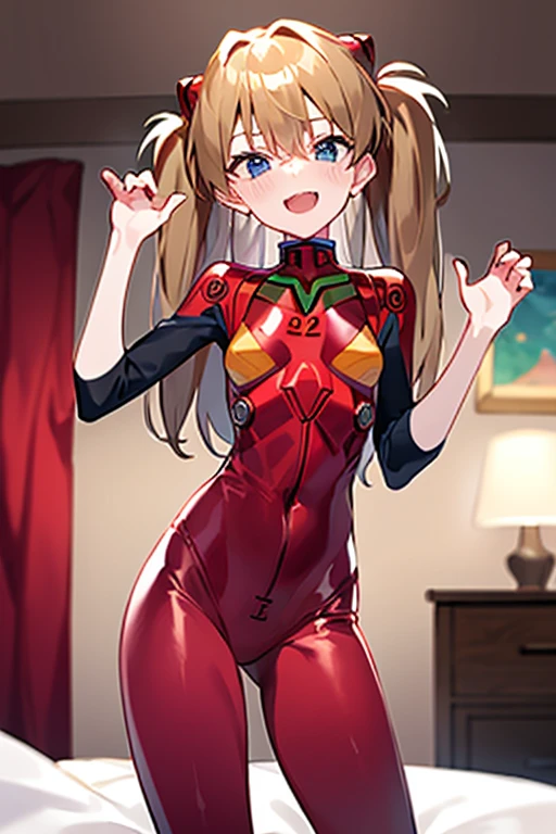 (( best quality)), ((masterpiece)), (be familiar with),  perfect face, indoor, bedroom,  viewer,
One woman,  Soryu Asuka Langley ,
 open mouth,  ecstatic expression with hands in front of body, blush, smile,
 small tits,  flat chested, Young girl, Lori,  s,  girl,
 long hair,  twin tails,
Leg spread,