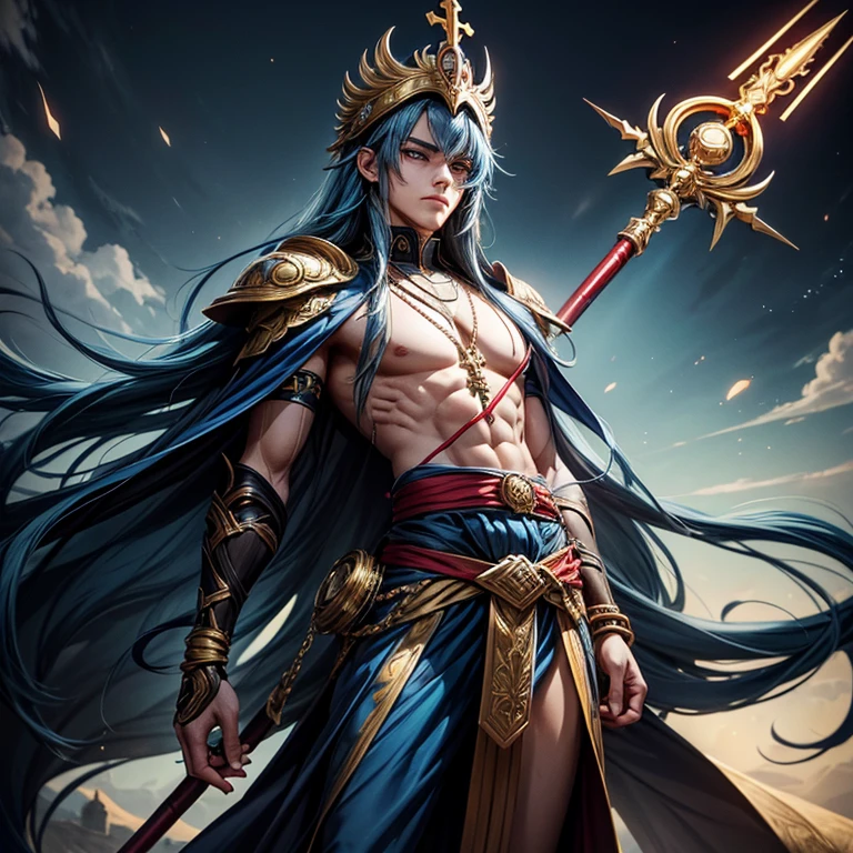 a warrior tiger god, full body, using a long spear, and leather armor, muscular, pink and navy blue, vibrant, in the bright cosmos, a hairy young man with an ethereal and devilish behavior appears, his features bathed in the lunar glow. His skin, pink and navy blue striped, reflecting like a mirror, the starry night.  Within its captivating gaze, galaxies swirl, vibrant hues of cosmic dust and celestial wonders painting a mesmerizing tapestry in shades of blue.  Adorning its ferociously caged mouth are a pair of saber-toothed fangs, a sharp addition that adds a savage touch to its captivating gaze.  His presence evokes a sense of pride, drawing the viewer into a realm where darkness and beauty intertwine. As his presence commands attention, the enigmatic allure of this captivating figure captivates the imagination, inviting contemplation of the hidden depths that lie beneath his captivating gaze.
