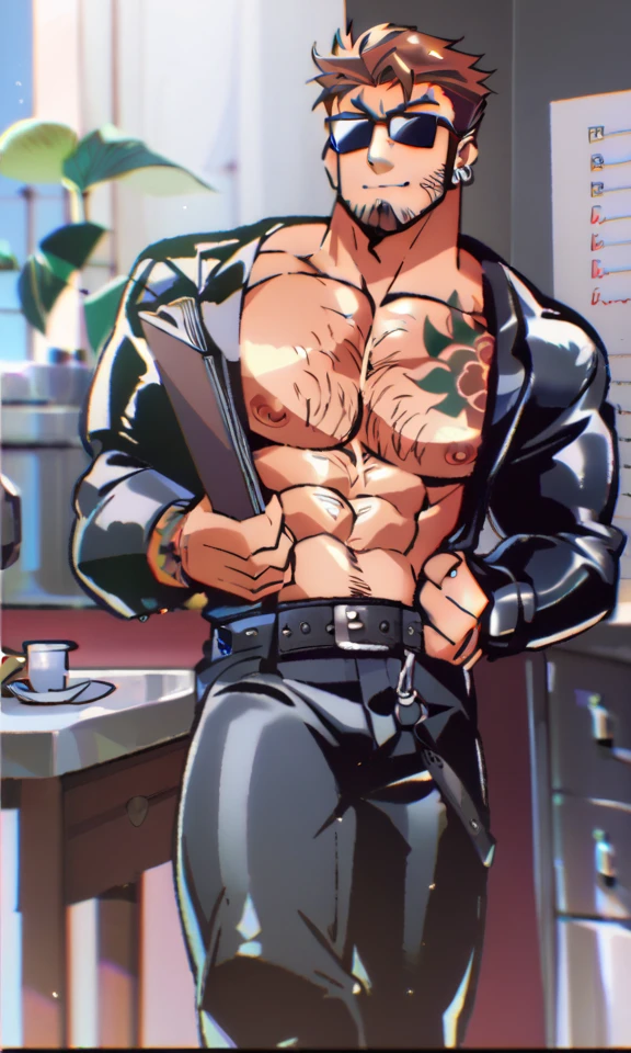 Jesse is tall He has white hair with red tips, and sharp grey eyes, they're so beautiful to look at. His hair is a bit wavy and has piercings. Muscular male. Jesse is seen wearing black sweat pants and wearing a baggy navy blue shirt. Big erection, penis