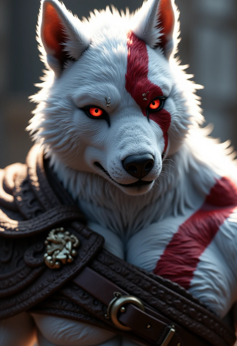 High quality, masterpiece, digital media (artwork), ultra-high resolution, highly detailed fur and face, focusing on a solo furry male. Intricately detailed eyes with bright red pupils and white sclera, illuminated by volumetric lighting for an amazing, atmospheric effect. Cowboy shot capturing the character from the back, wearing a cloak that drapes over his muscular upper body. White fur, with a striking red scar, showcasing finely detailed textures. A bright, intense atmosphere with vivid lighting. Styled in the epic, gritty aesthetic of God of War (2005), emphasizing the character’s strength and fierce presence.