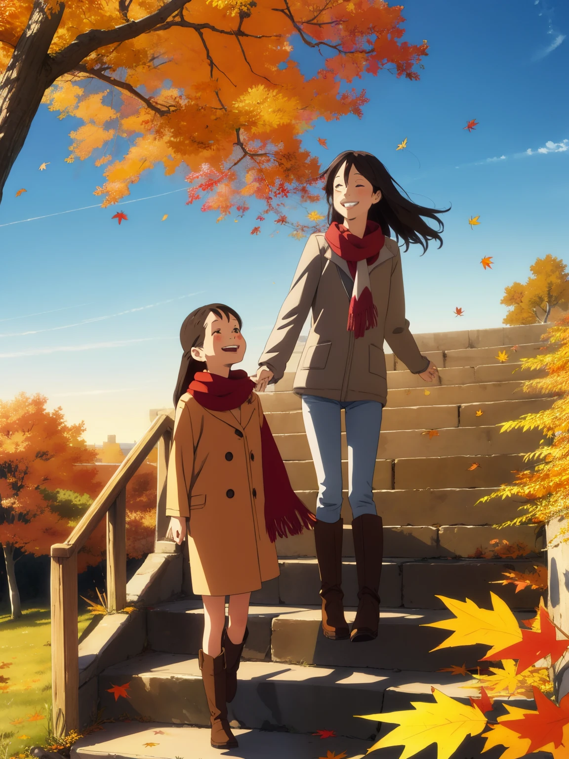  greatest masterpiece， best quality，High image quality，( super flat ,  flat shading )， fisheye lens，Beautiful young mother and lovely daughter， warm scarf，(naked)， long hair， boots, smile, smile，White Breath，fun, play，Stone steps in an autumn park， fall leaves for vaginal discharge，Autumn sky，At dusk，Beautiful sunset， bright color，watercolor,  Ghibli style，Strong winds，