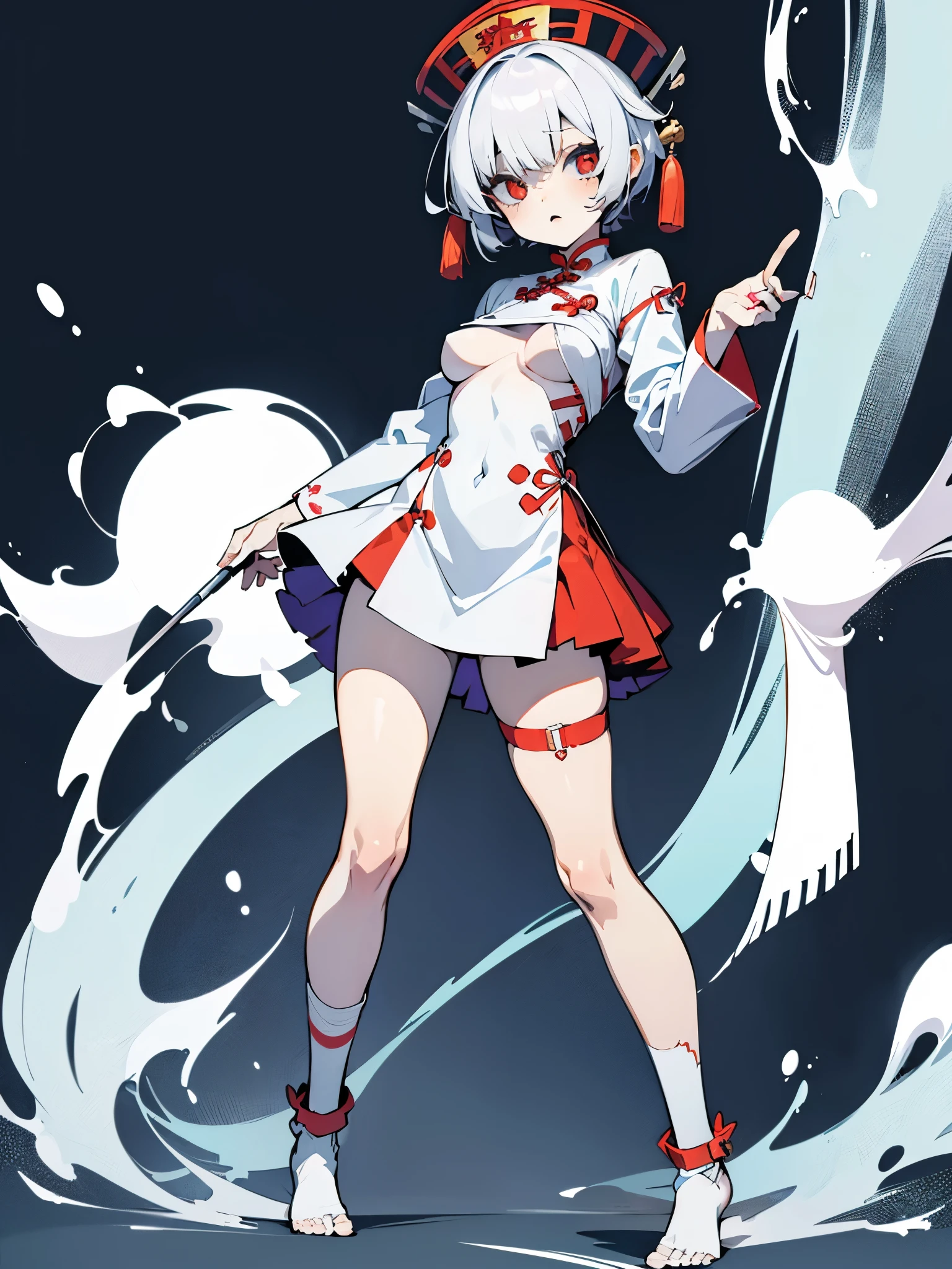 a young female with short white hair, wearing a oversized **** chinese zombie costume, covered chest, big oversized sleeves, anime-style full body illustration, anime character design, masterpiece, full body character, white bandages on left leg, leg iron shackles on right leg, small flat boobs, no shoes