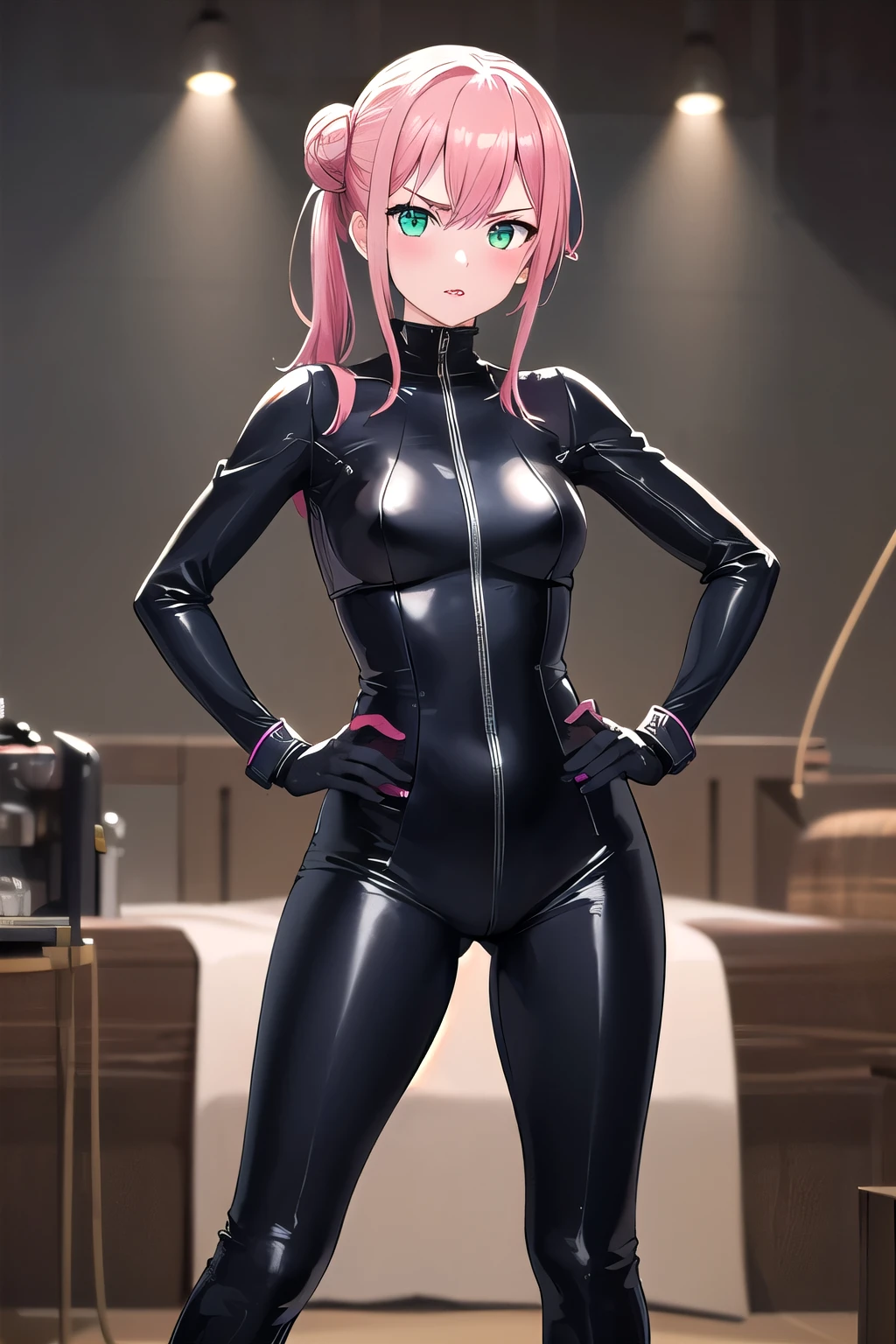 the real thing、1人、ligh pink hair、Long hair、Twin-tailed、Bewitching face、Green eyes、 body shape、((small tits))、((Black glossy rubber suit:1.5)), The nipple is visible、((medium breasts thin waist))、a wet body、cowboy  shot、Forward-facing、Shiny body、pee、Looking at the camera、((genitals are visible))、Shoot head-on、​masterpiece、top-quality
