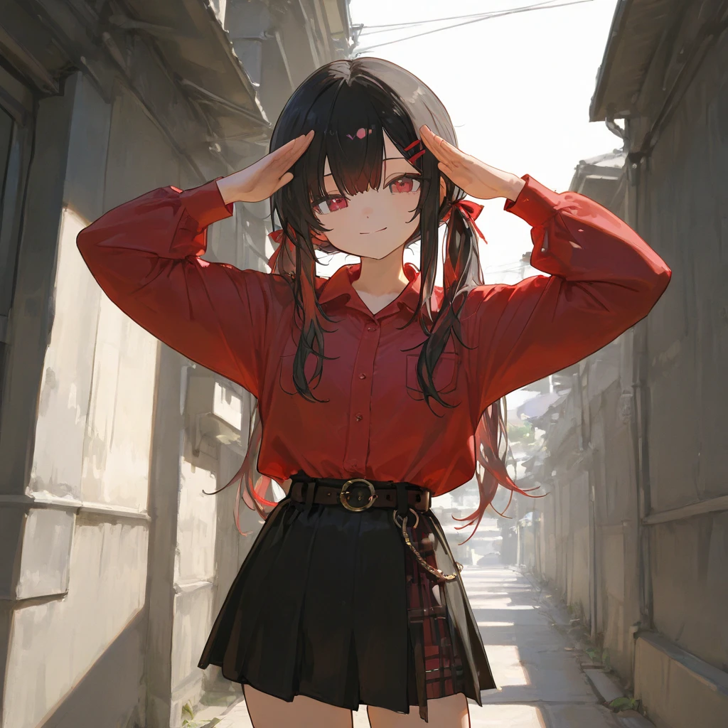 masterpiece, best quality, amazing quality, very aesthetic, absurdres, newest,scenery, highres icon,absurdres,16k,flat anime style、748cmstyle,Expressiveh, 



Amihari 、Multicolored Hair、 long hair、 twin tails、bangs、 red ribbon 、 hair clip、White、 red shirt、 collared shirt 、 Long Sleeve 、belt、 skirt、黒い skirt、黒いshoes下、shoes、、indoor、 cowboy shot、smile、salute、

Masterpiece , best quality, amazing quality, very aesthetic, absurdres, newest,scenery, 