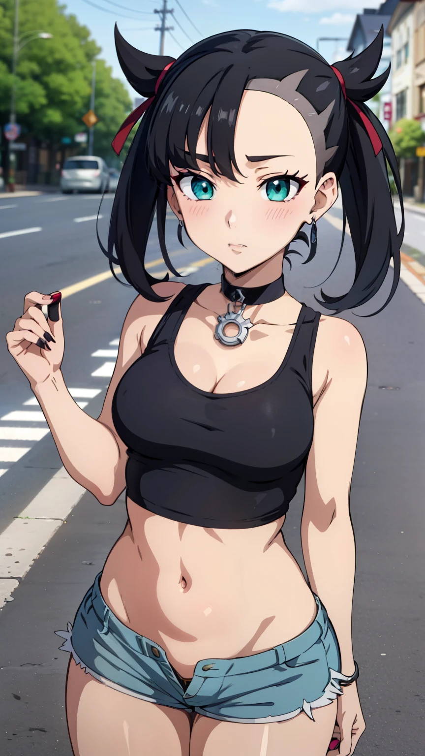 Marnie Pokemon, Marnie \(Pokemon\), blue-green eyes, green eyes, black hair, medium hair, asymmetrical bangs, black choker, red hair ribbon, earrings, black nail polish, medium breasted, (masterpiece, highest quality, highly detailed, 8k:1.2),Perfect eyes, detailed eyes, 
Ecchi anime style, anime girl, Ecchi style, digital anime art, anime style, official artwork, visual novel CG, beautiful anime girl, anime style 4K, (tank top, wearing a sexy top, micro shorts, shorts, blushing, outdoors, town, street corner),