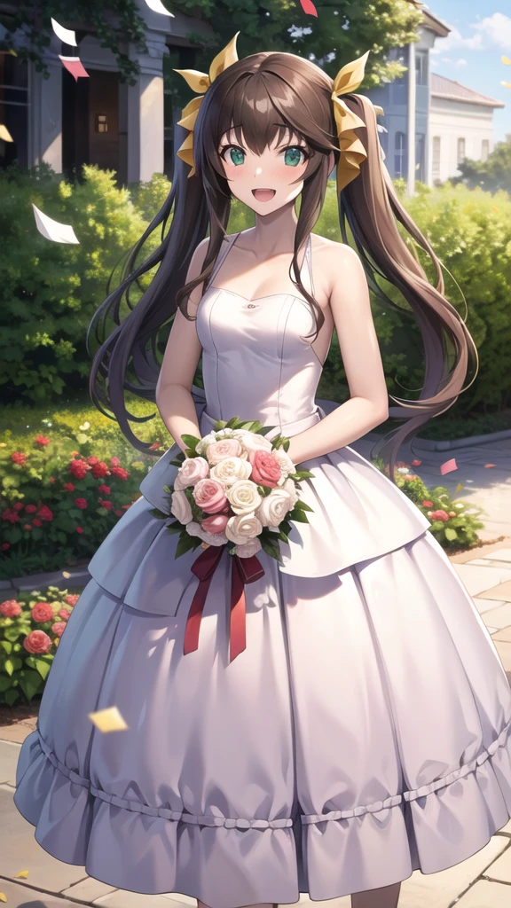 masterpiece, best quality, highres, aahuang, long hair, twintails, hair ribbon, small breasts, wedding Dress, standing, garden, confetti, holding bouquet, smile, open mouth, looking at viewer