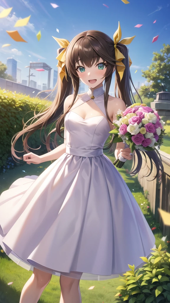 masterpiece, best quality, highres, aahuang, long hair, twintails, hair ribbon, small breasts, wedding Dress, standing, garden, confetti, holding bouquet, smile, open mouth, looking at viewer