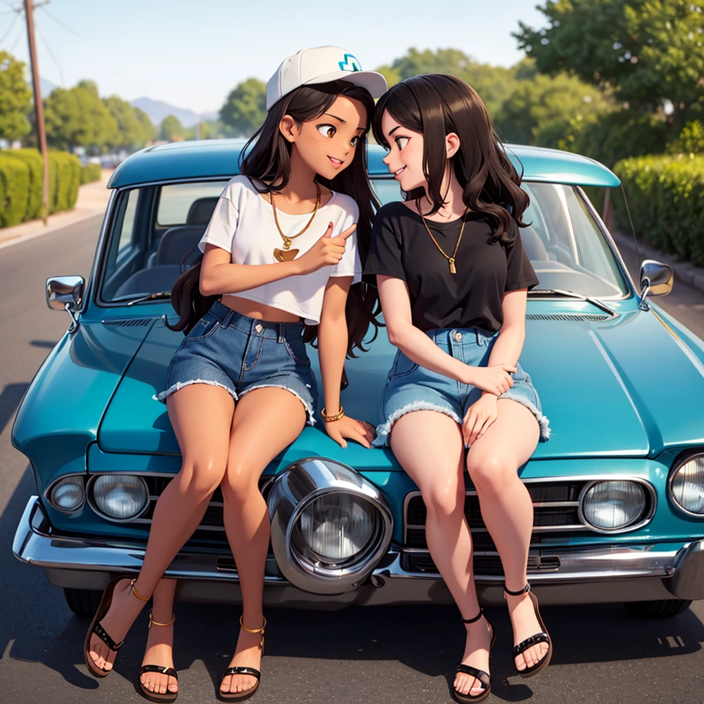 A young couple sitting together on the hood of a vintage beige sedan, the man has beige skin, short black hair, and is wearing a white t-shirt, blue and black patterned shorts, white flip-flops, a white cap with sunglasses on top, and a gold chain necklace, smiling and giving a thumbs-up gesture. The woman, with light skin and long wavy brown hair, is wearing a black cropped top, a high-waisted blue denim skirt, and turquoise flip-flops, leaning toward the man to kiss his cheek while holding his chin with one hand. The car features a compact vintage design with chrome details on the wheels and rectangular headlights, clean and well-maintained. 