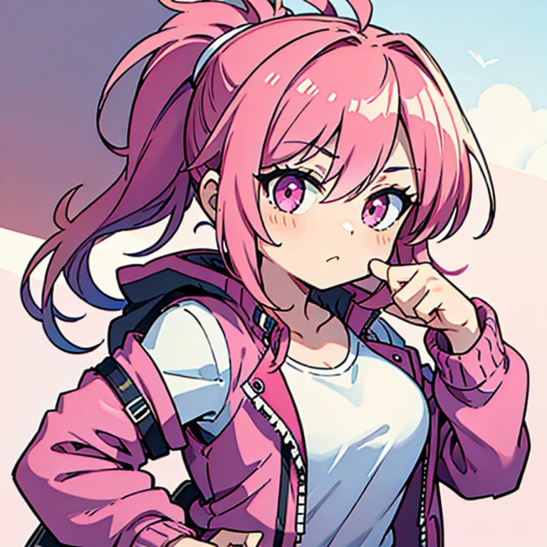 1girl pink hair ponytail pink eyes jacket bored