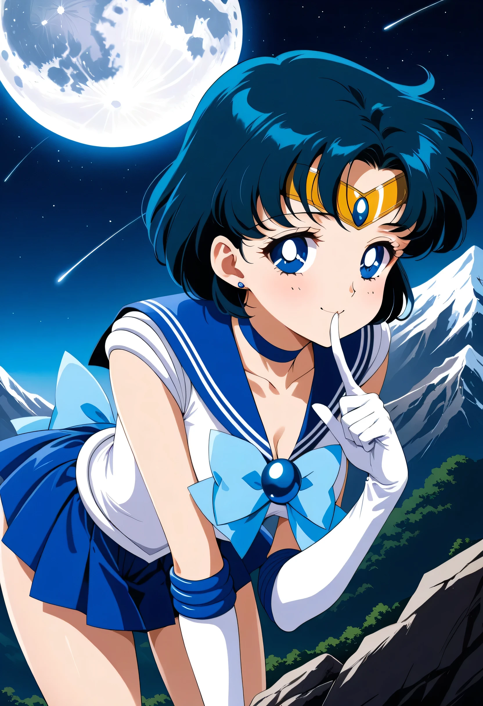 (masterpiece, best quality, very aesthetic, ultra detailed), intricate details, 4k, aamercury, short hair, blue hair, tiara, earrings, blue eyes, blue choker, blue sailor collar, sleeveless, blue bowtie, white shirt, elbow gloves, white gloves, pleated skirt, blue skirt, bare legs, smile, shushing, leaning forward, upper body, finger to mouth, top of mountain, moon, night, shooting stars