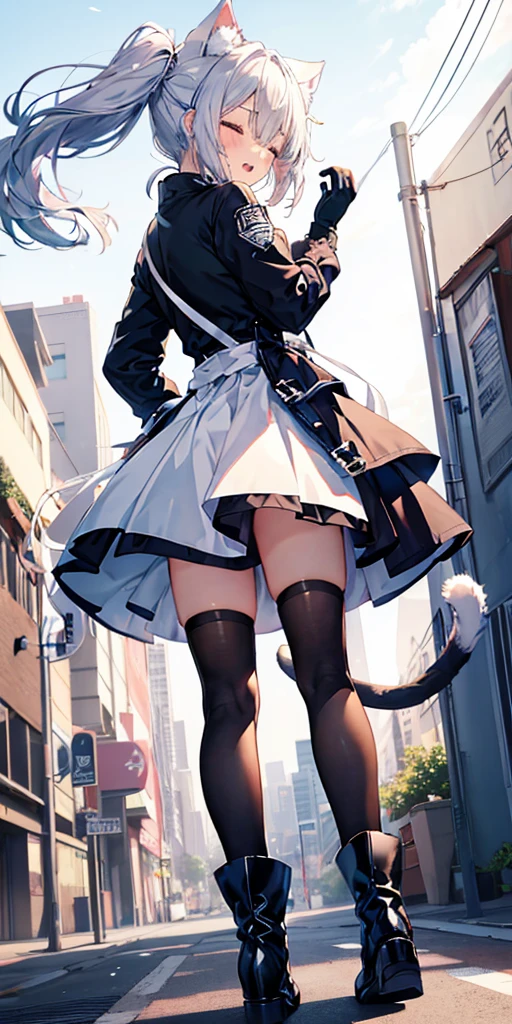 girl in a white shirt and black skirt ,in black tight tights ,brown-haired , wearing full-length rubber gloves