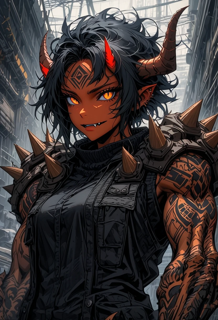 solo, female, oni girl, close up, deep crimson skin, two curved horns protruding from her forehead, orange eyes, slit pupils, short black hair, spiky_hair, lone fang, clawed hands, short arm spikes, tattoos, broad shoulders, stocky build, muscular, tight-fitting black tank top, cargo pants, heavy boots, factory, victorian setting, working at factory, extrmusc